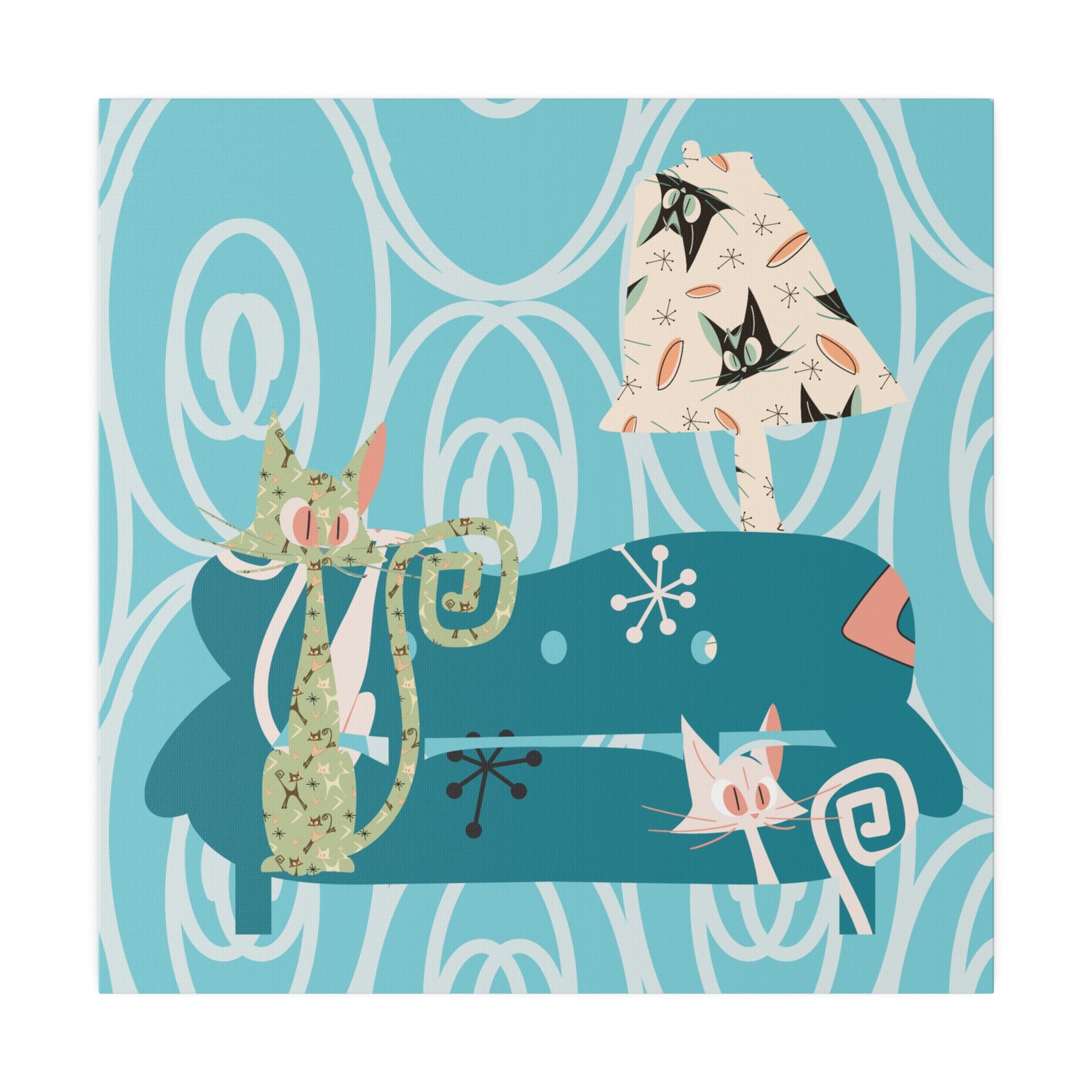 Atomic Cat Art, Quirky Kitschy Blue, Green,  Teal Mid Century Modern Wall Art - Mid Century Modern Gal