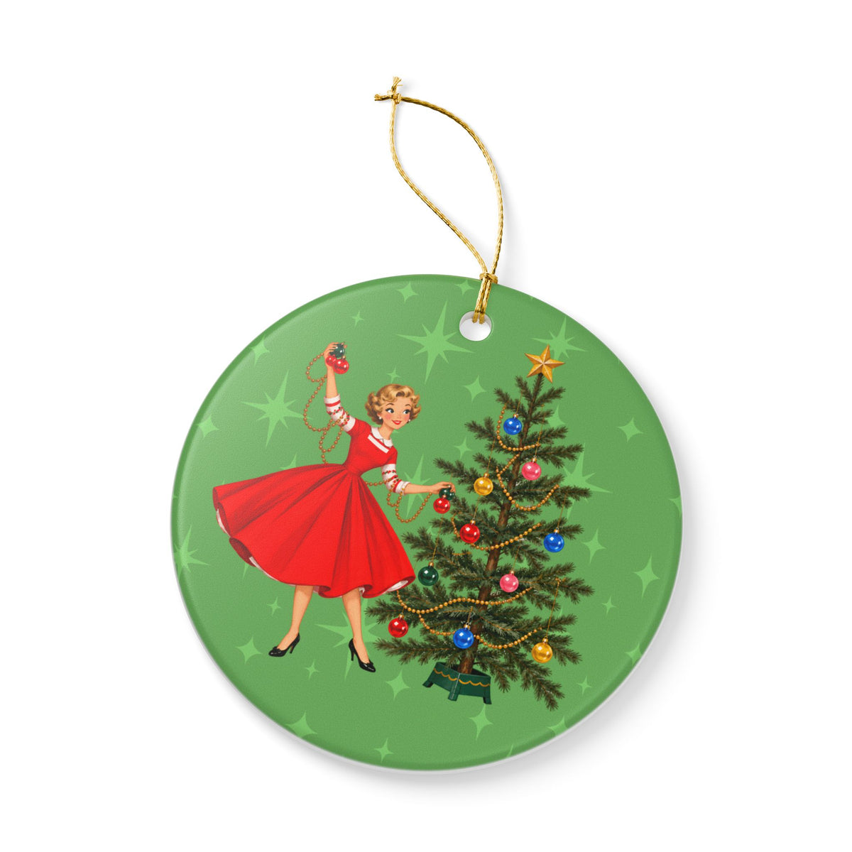 Mid Century Modern Gal Decorating Christmas Tree, Green Atomic Starbursts Ceramic Christmas Tree Ornament - Mid Century Modern Gal