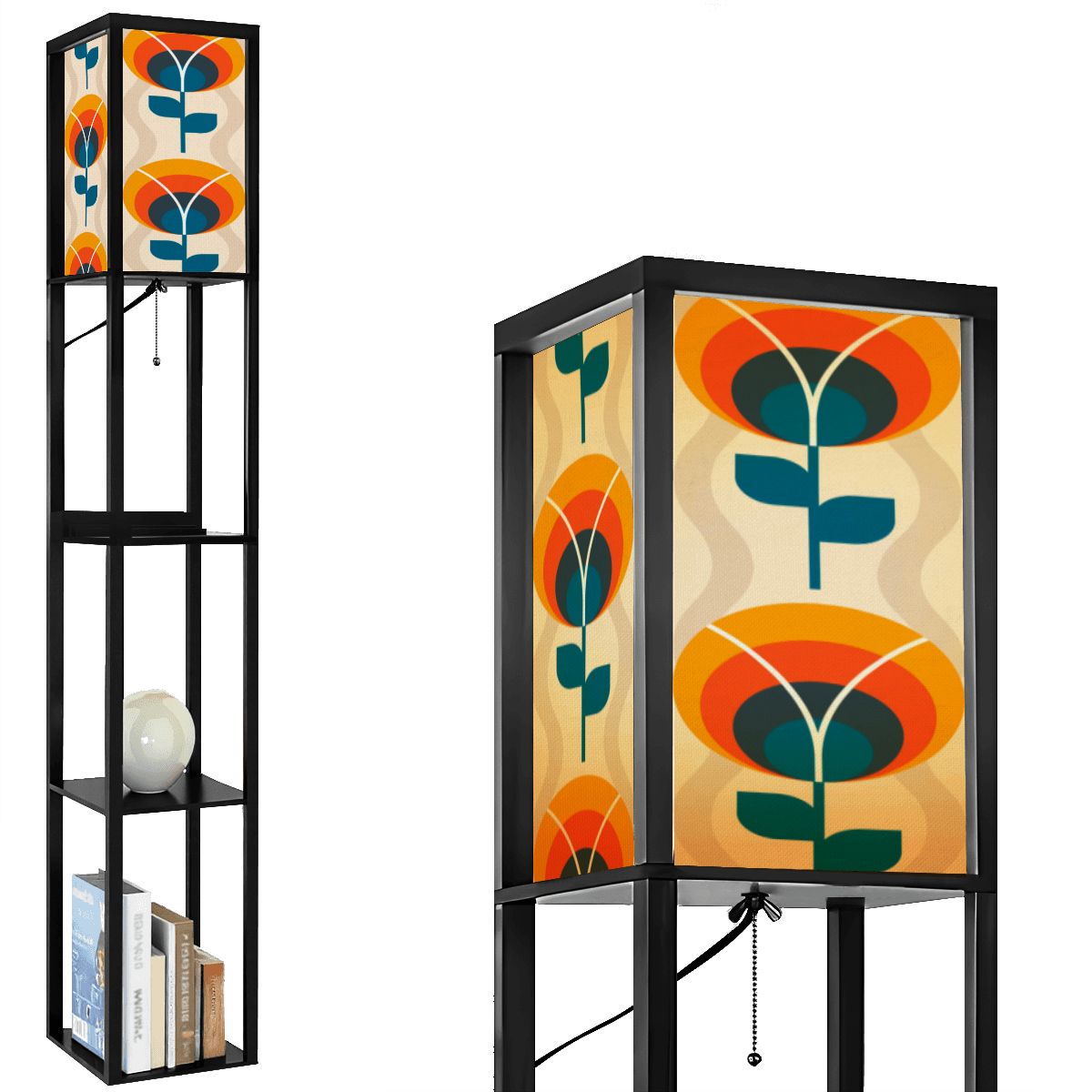 Scandinavian Flower Orange Blue, Retro Mid Century Modern Floor Lamp With Shelves - Mid Century Modern Gal