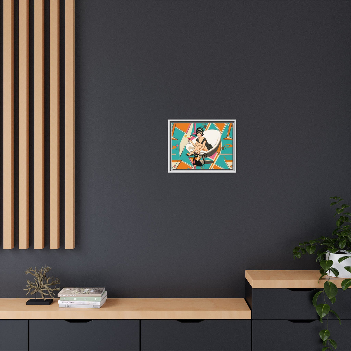 Framed matte canvas wall art featuring a vintage cocktail and retro cat design in vibrant 60s colors.