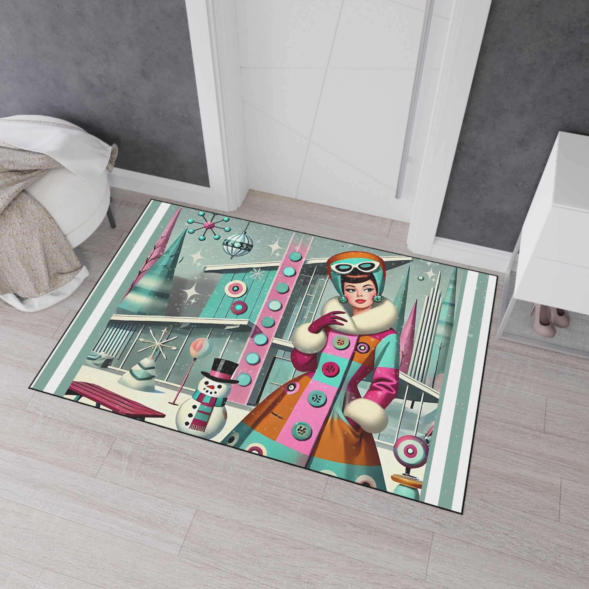 Vintage Mod Gal Retro Holiday Heavy Duty Floor Mat with Winter Scene Design - Mid Century Modern Gal