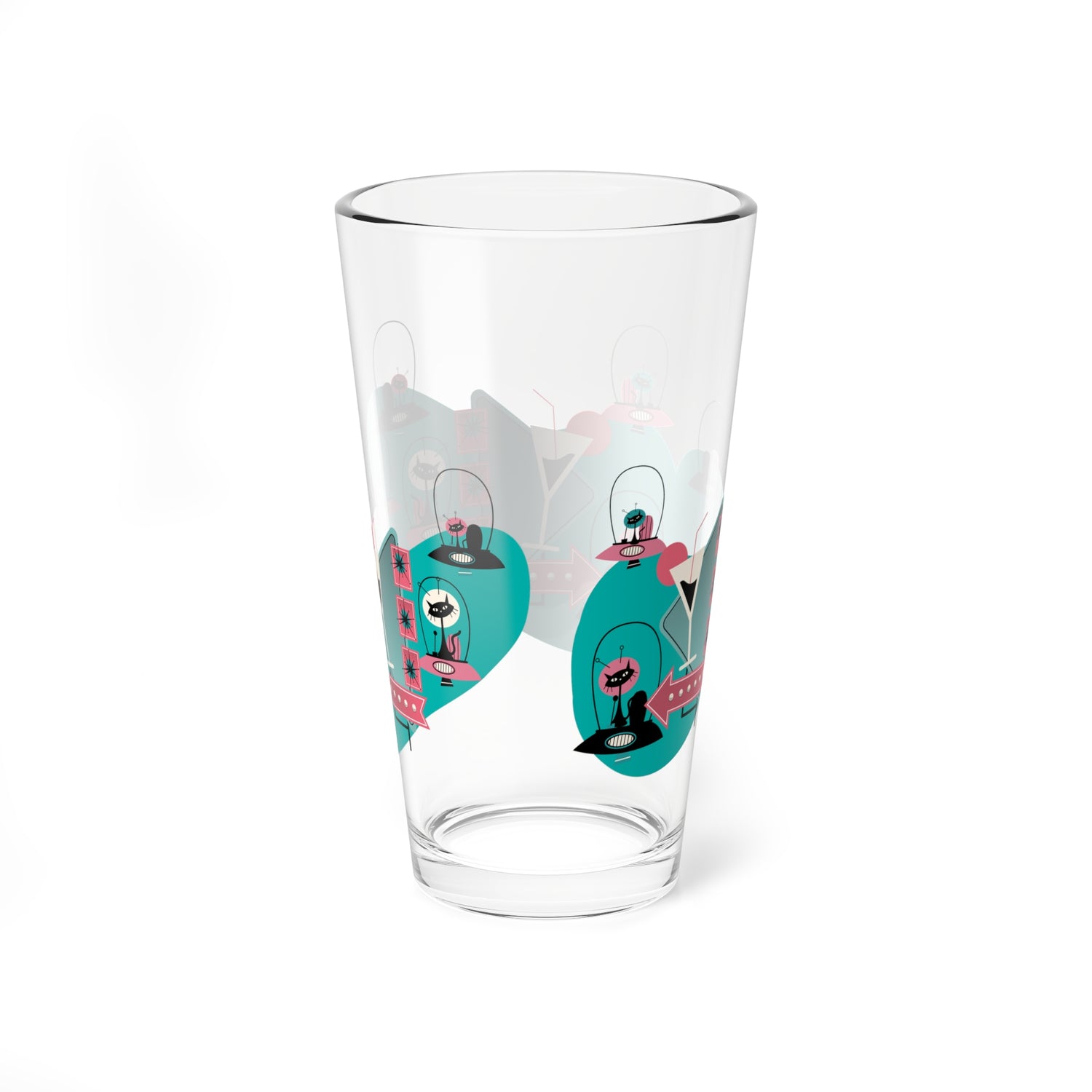 Atomic Cat Retro Barware, Space Kitties, Cats In Space, Mid Century Modern Atomic Living, MCM Drinkware Mixing Glass, 16oz - Mid Century Modern Gal