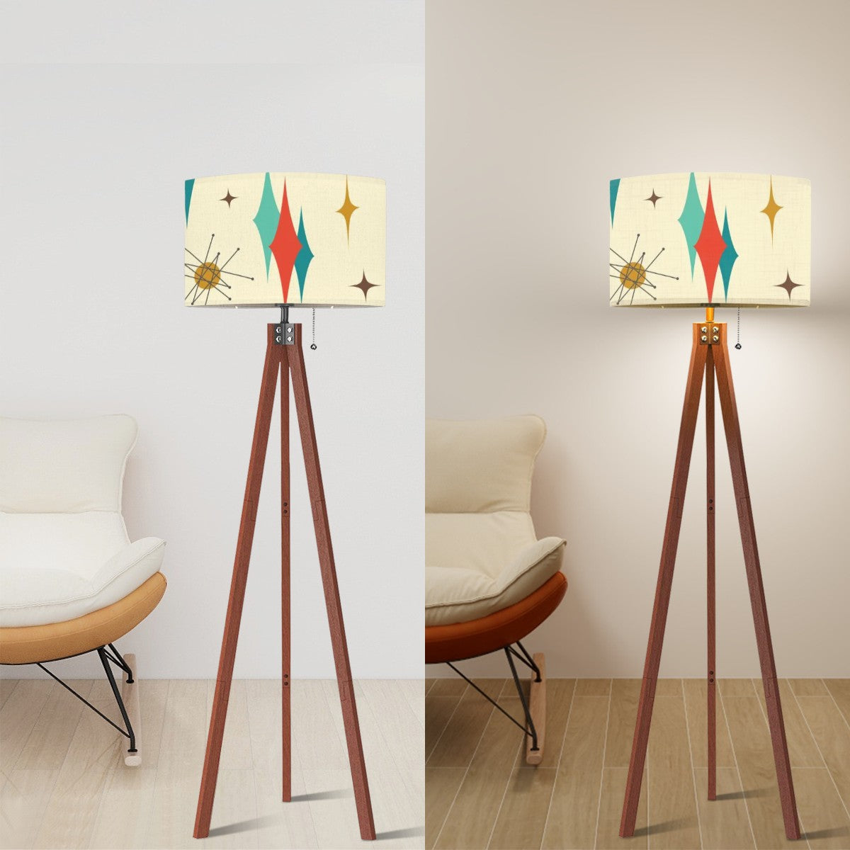 Franciscan Starburst Mid Century Modern Drum Shade Tripod Floor Lamp (Made in USA) - Mid Century Modern Gal