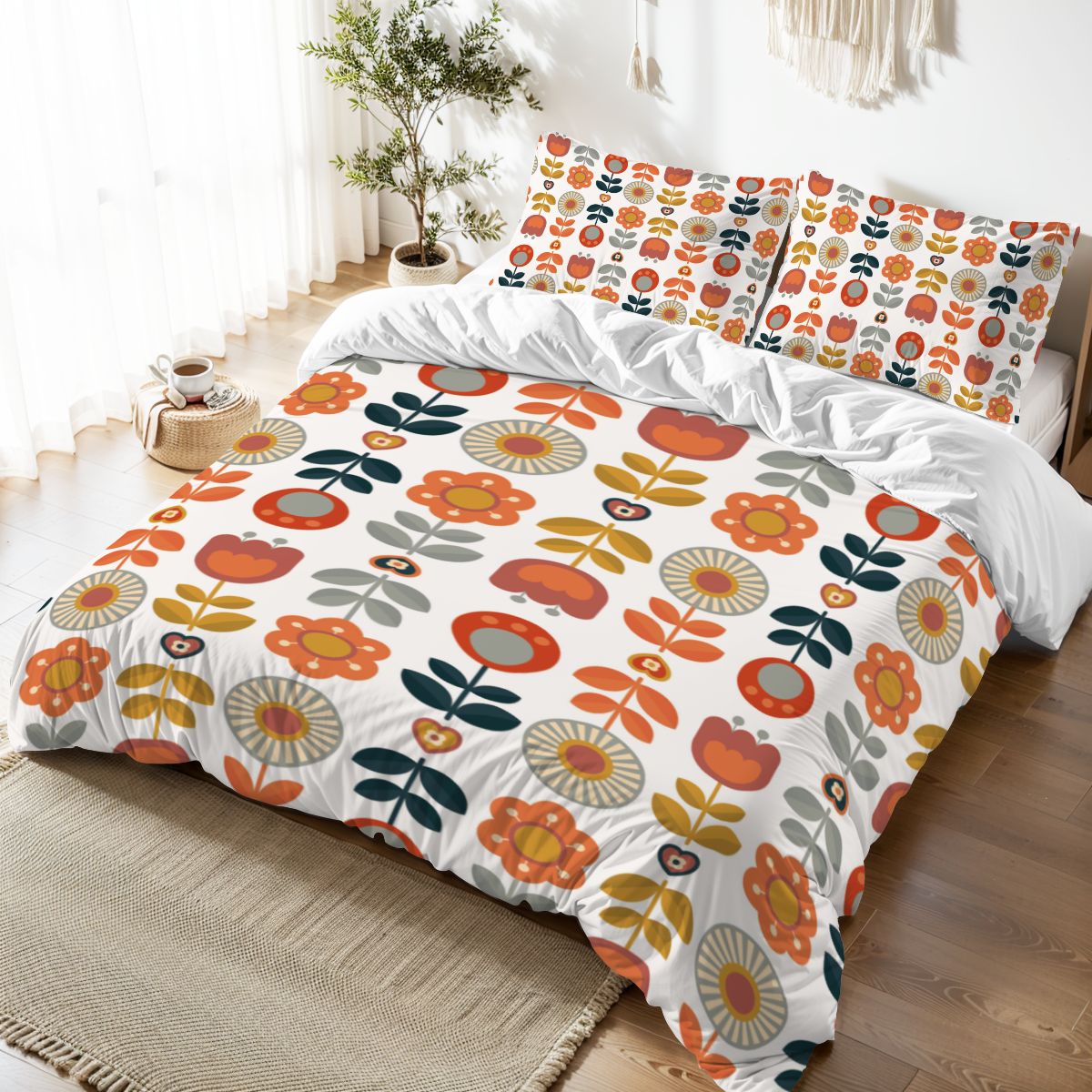 Scandinavian Modern Danish Floral Cheery Retro Mod Queen Duvet Cover Set - Mid Century Modern Gal