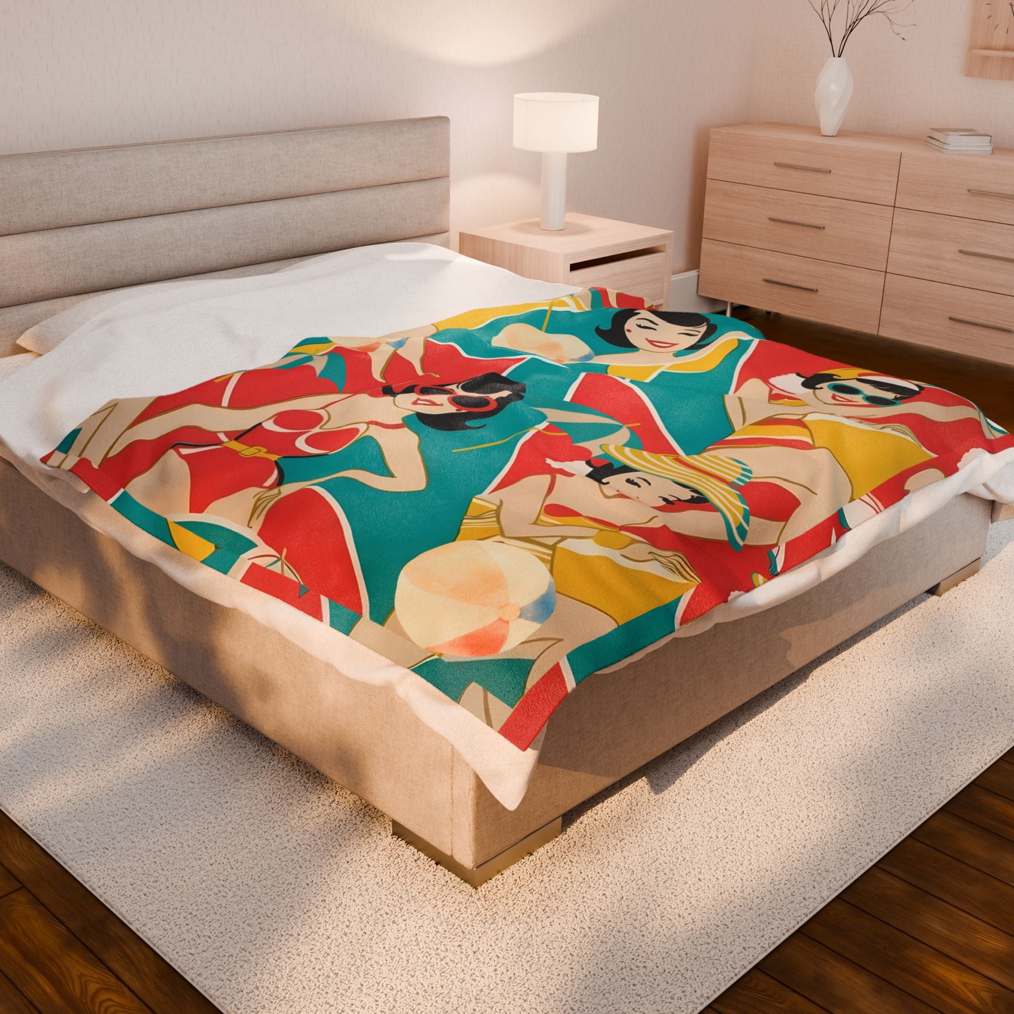 Summer Mod Retro Beach Babe Vintage Girls Thin Lightweight Velveteen Plush Blanket - Mid Century Modern Gal