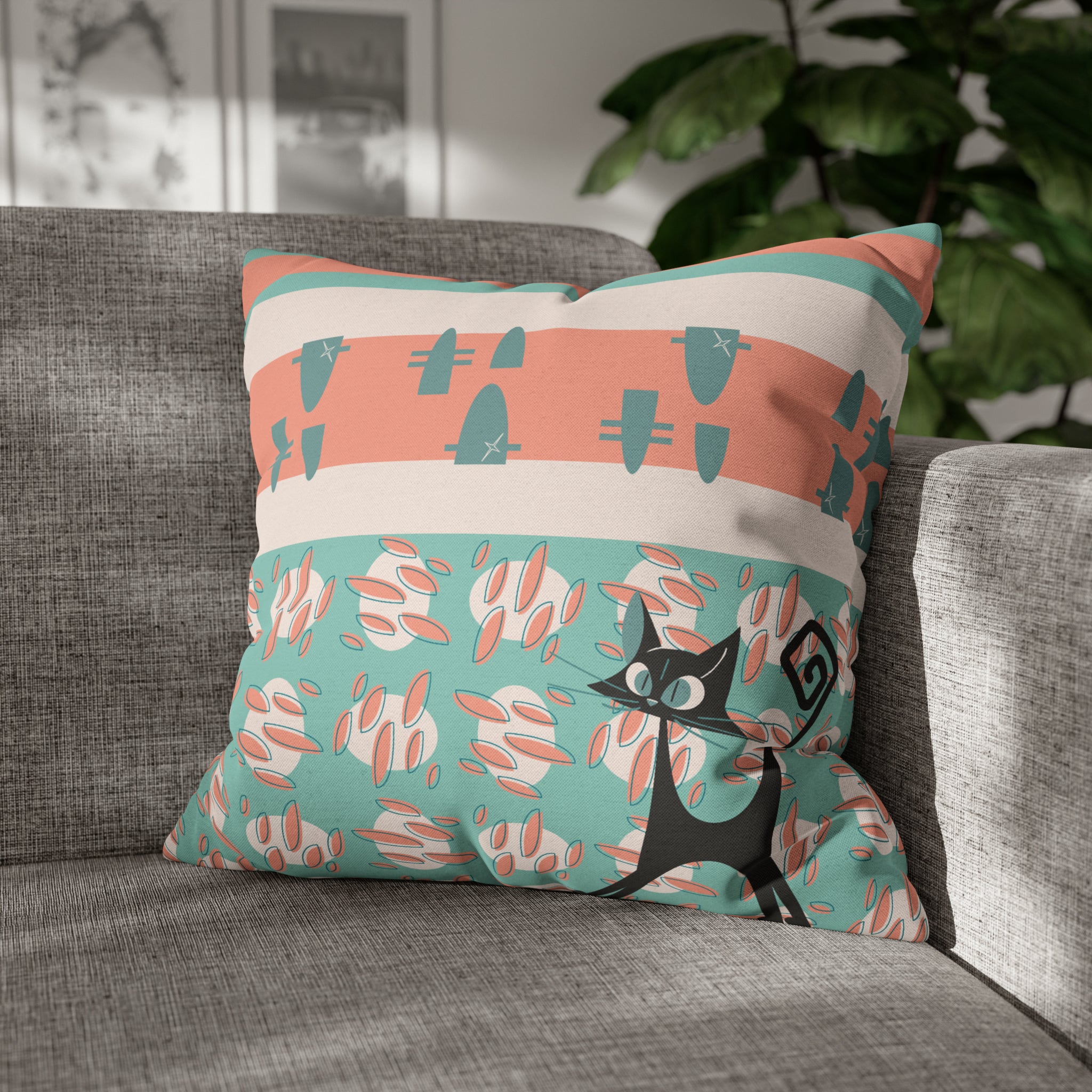50s Nostalgic Atomic Cat Mid Century Modern Aqua, Coral Pink Peach, Kitschy Mid Century Modern Pillow Cover ONLY - Mid Century Modern Gal