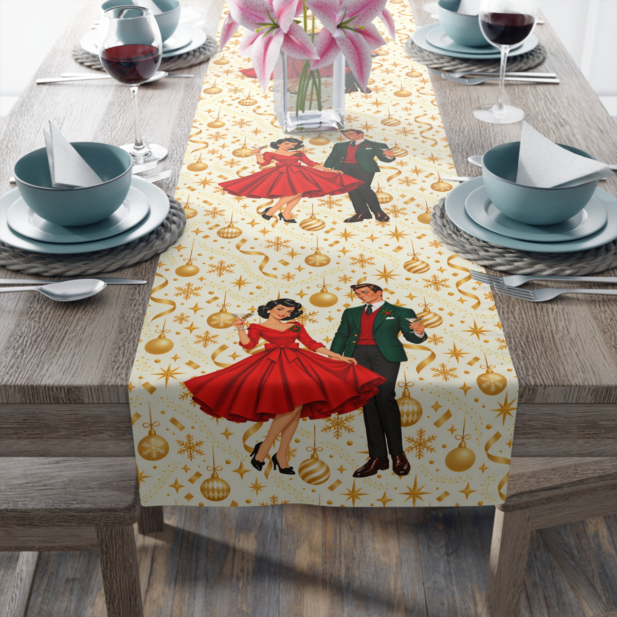 Mid Century Modern Christmas Party Martini Couple Table Runner