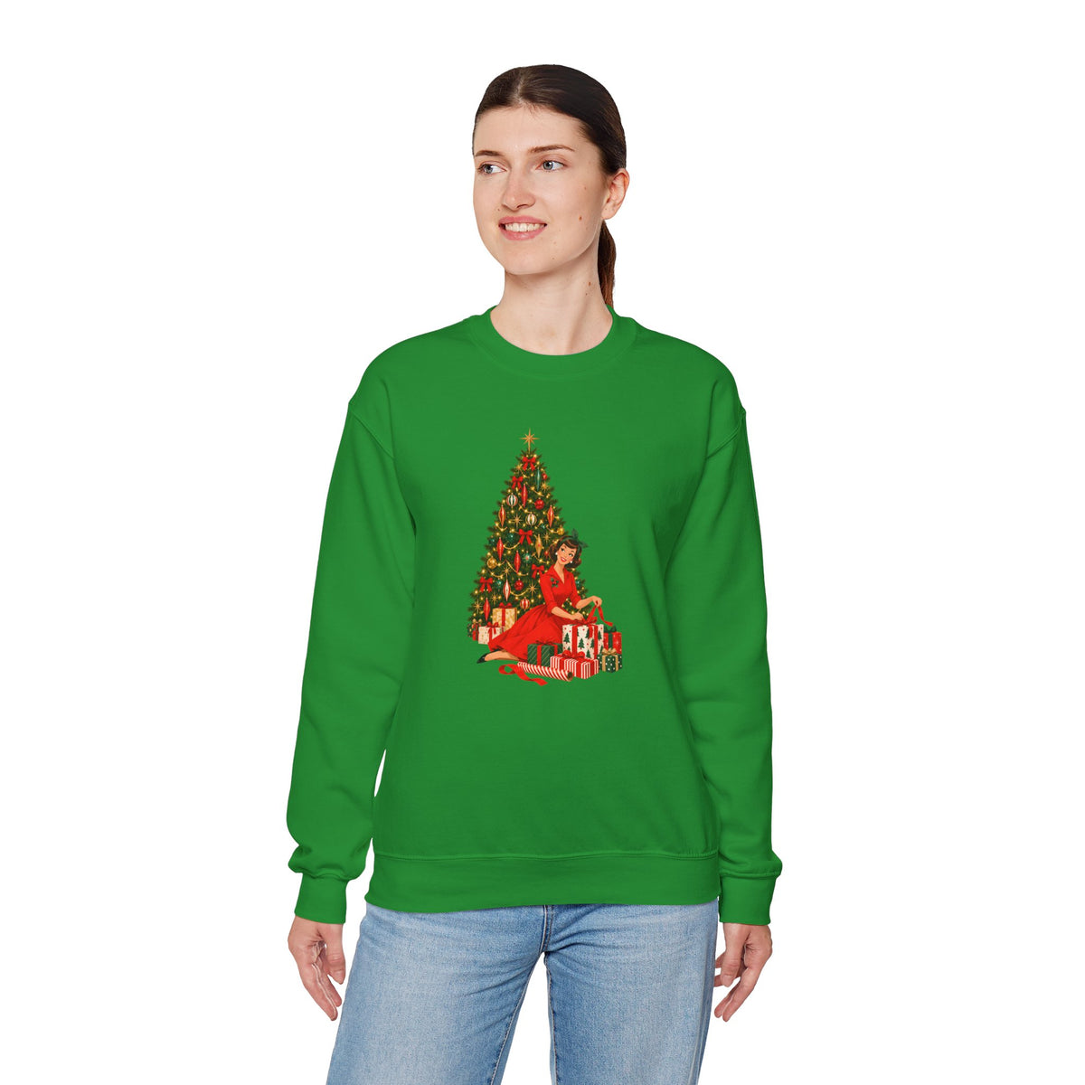 Mid Century Modern Christmas Glamour Gal Wrapping Presents by Tree Unisex Heavy Blend™ Crewneck Sweatshirt - Mid Century Modern Gal