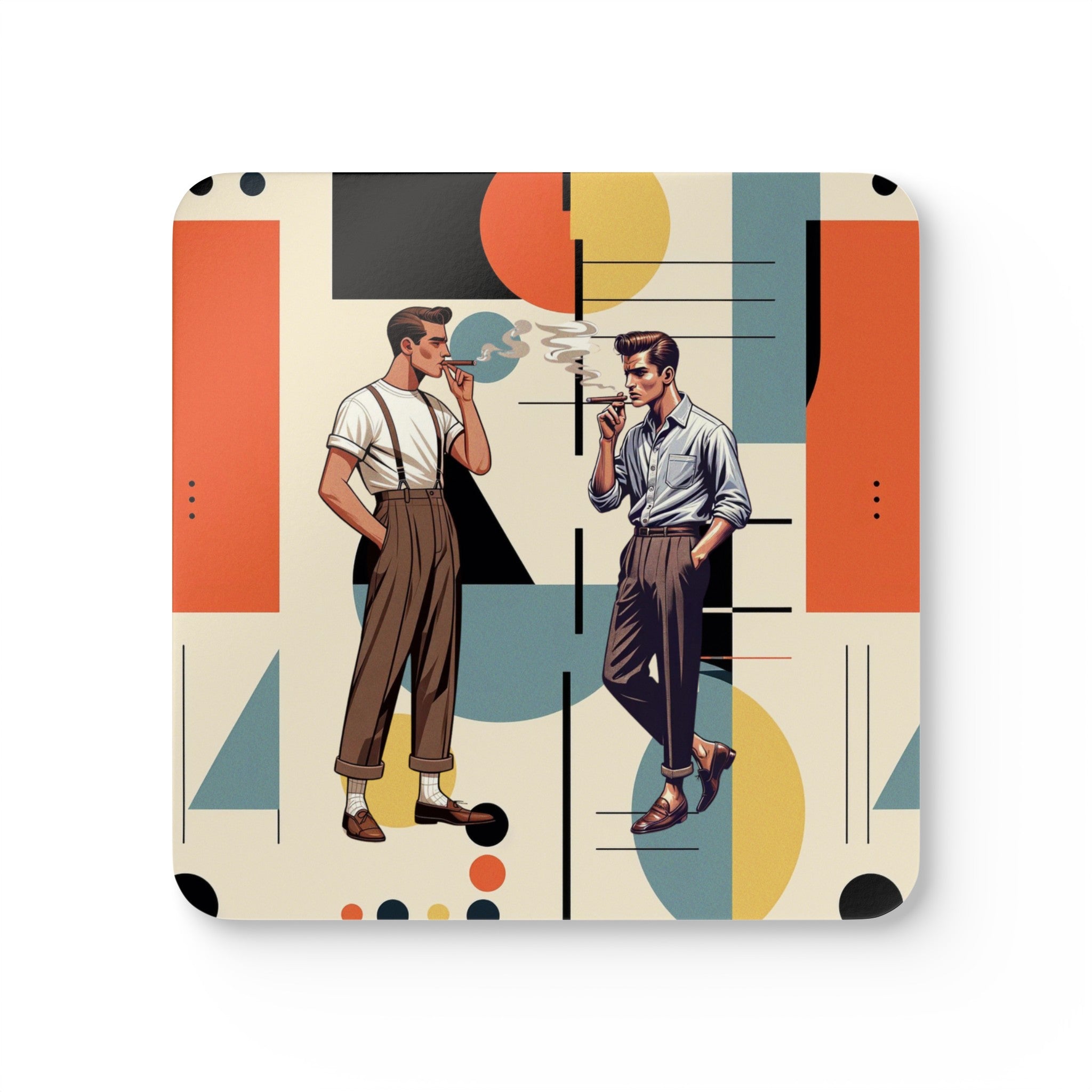 Cigar Smoking Mid Mod Gentleman Bauhaus Designed Mod Corkwood Coaster Set - Mid Century Modern Gal