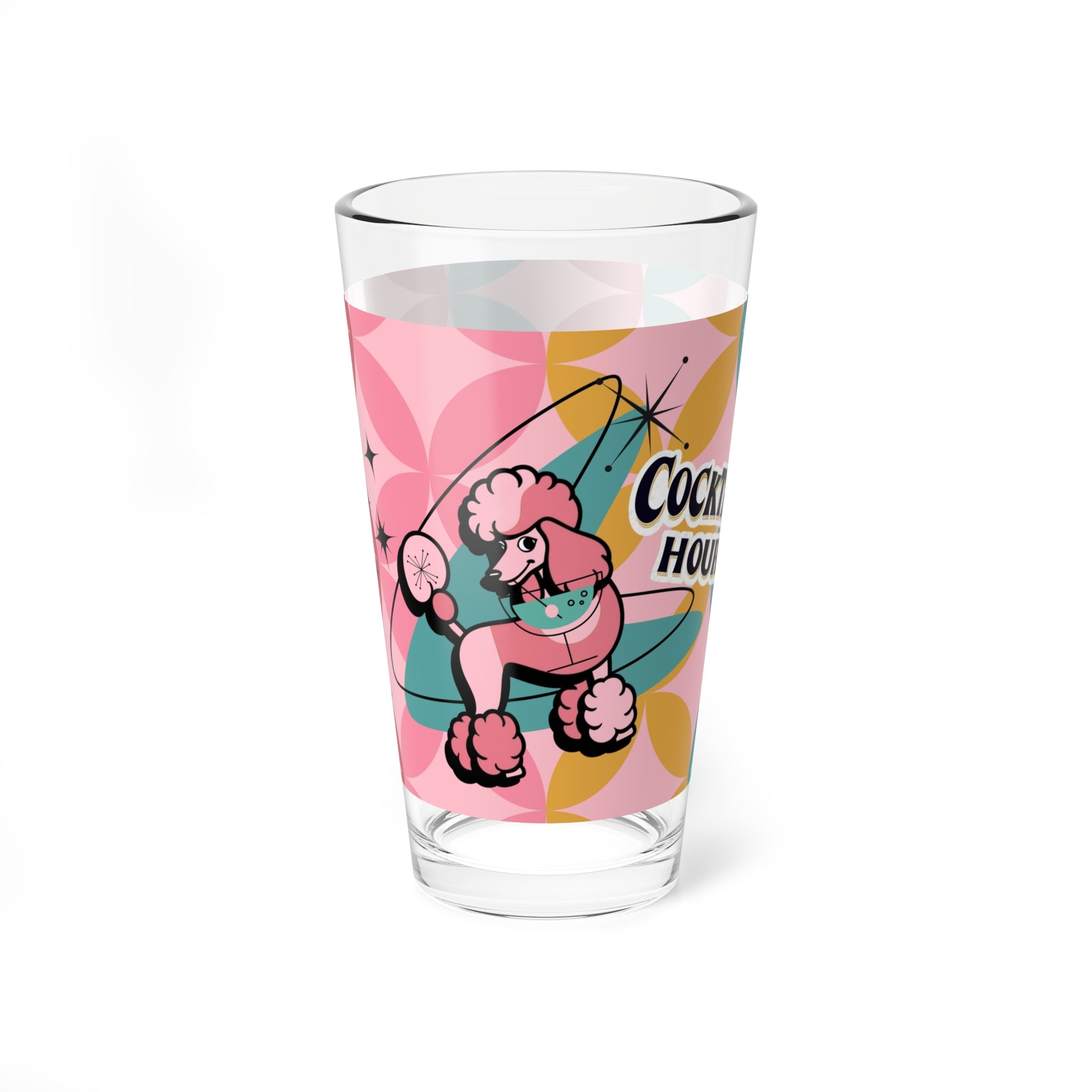 Atomic Cocktail Hour, Mid Mod Pink Poodle Retro Cocktail Mixing Glass - 16oz with Poodle Design - Mid Century Modern Gal