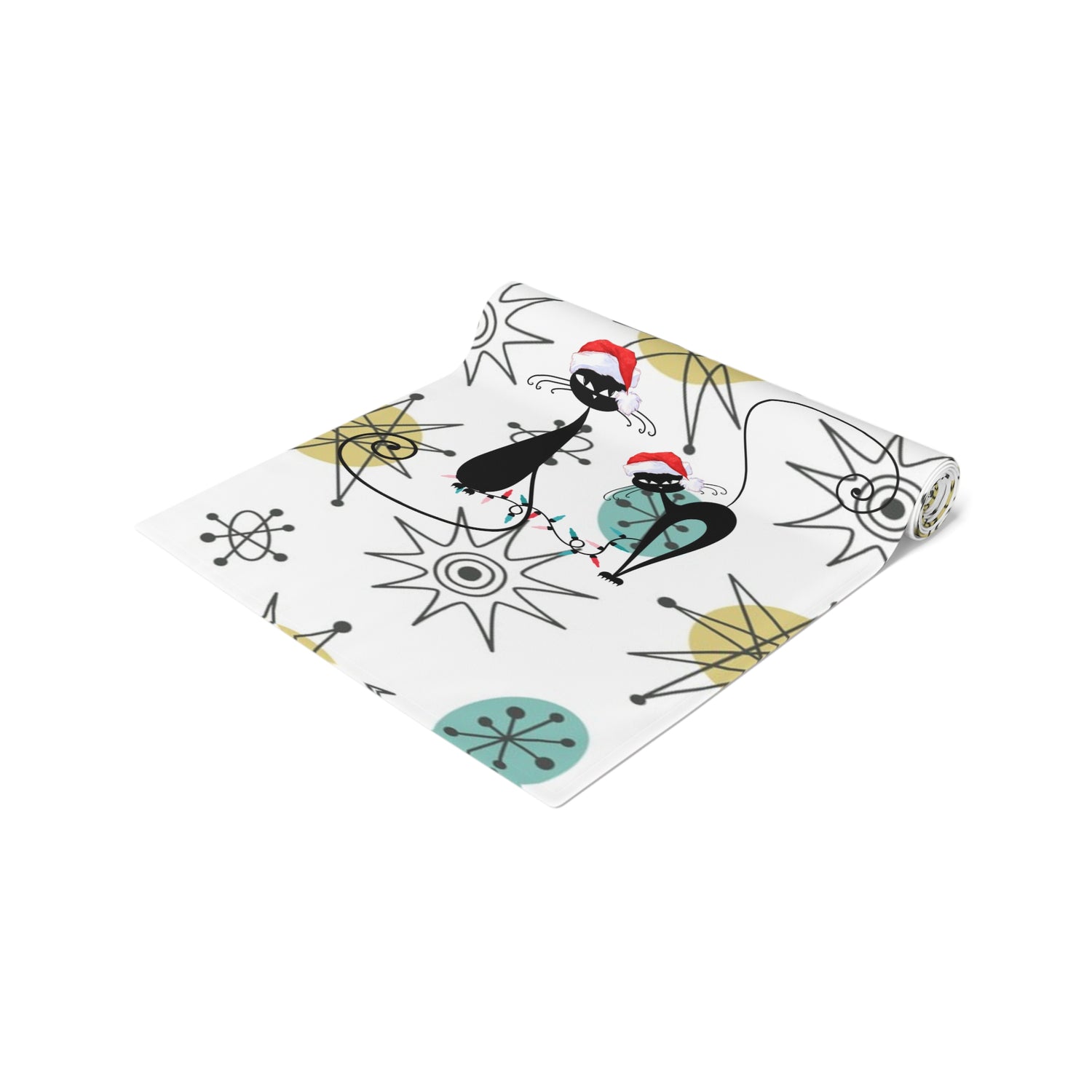 Mid Century Modern Franciscan Starburst, Kitschy 50s Atomic Cat Season Greetings Holiday Table Runner - Mid Century Modern Gal