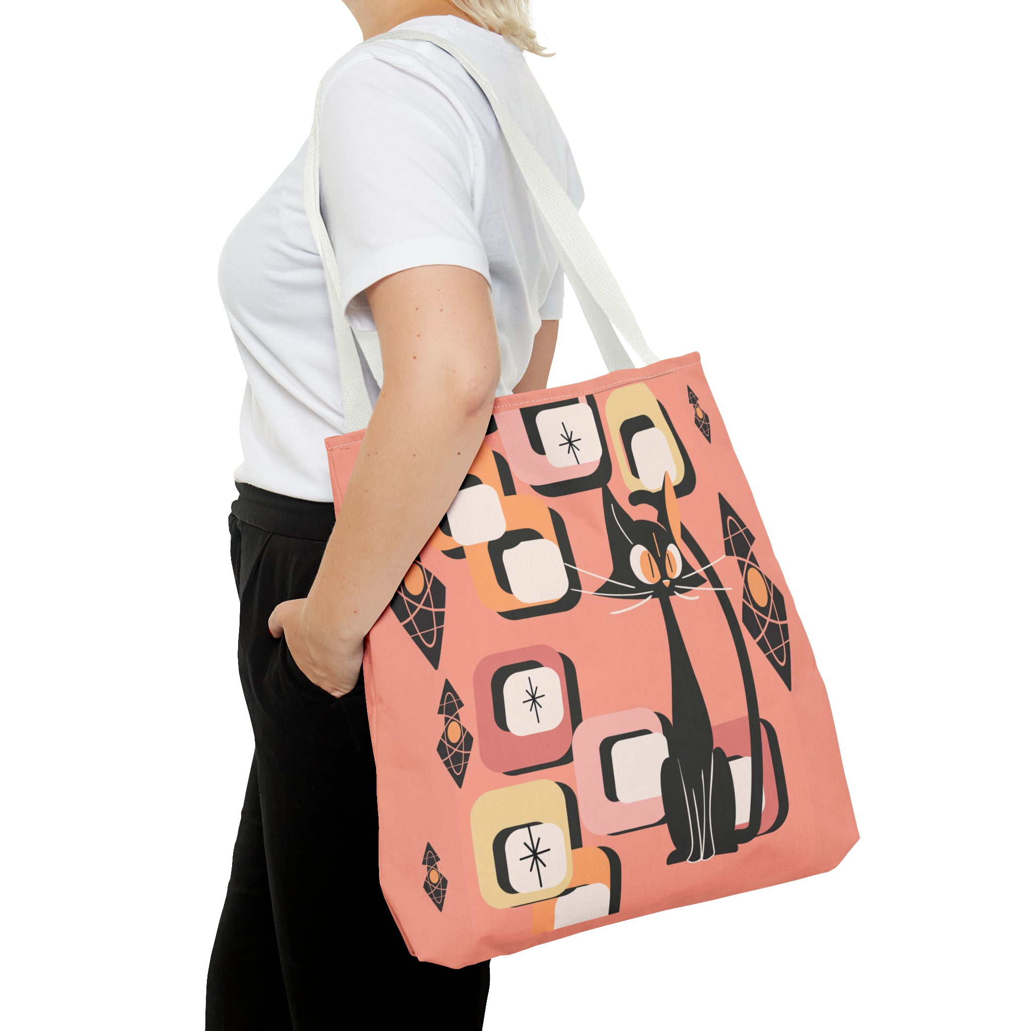 Atomic Cat Tote Bag, Coral Color, Mid Century Modern Geometric Designs, Mid Mod Retro Apparel - Mid Century Modern Gal