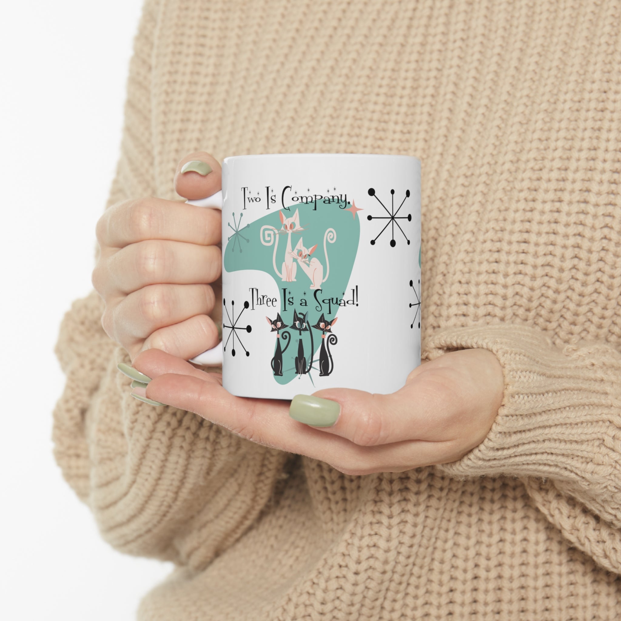 Three Is A Squad, Cat Mom, Best Friends Coffee Mug, Kitschy Cute Atomic Kitties Ceramic Mug 11oz - Mid Century Modern Gal