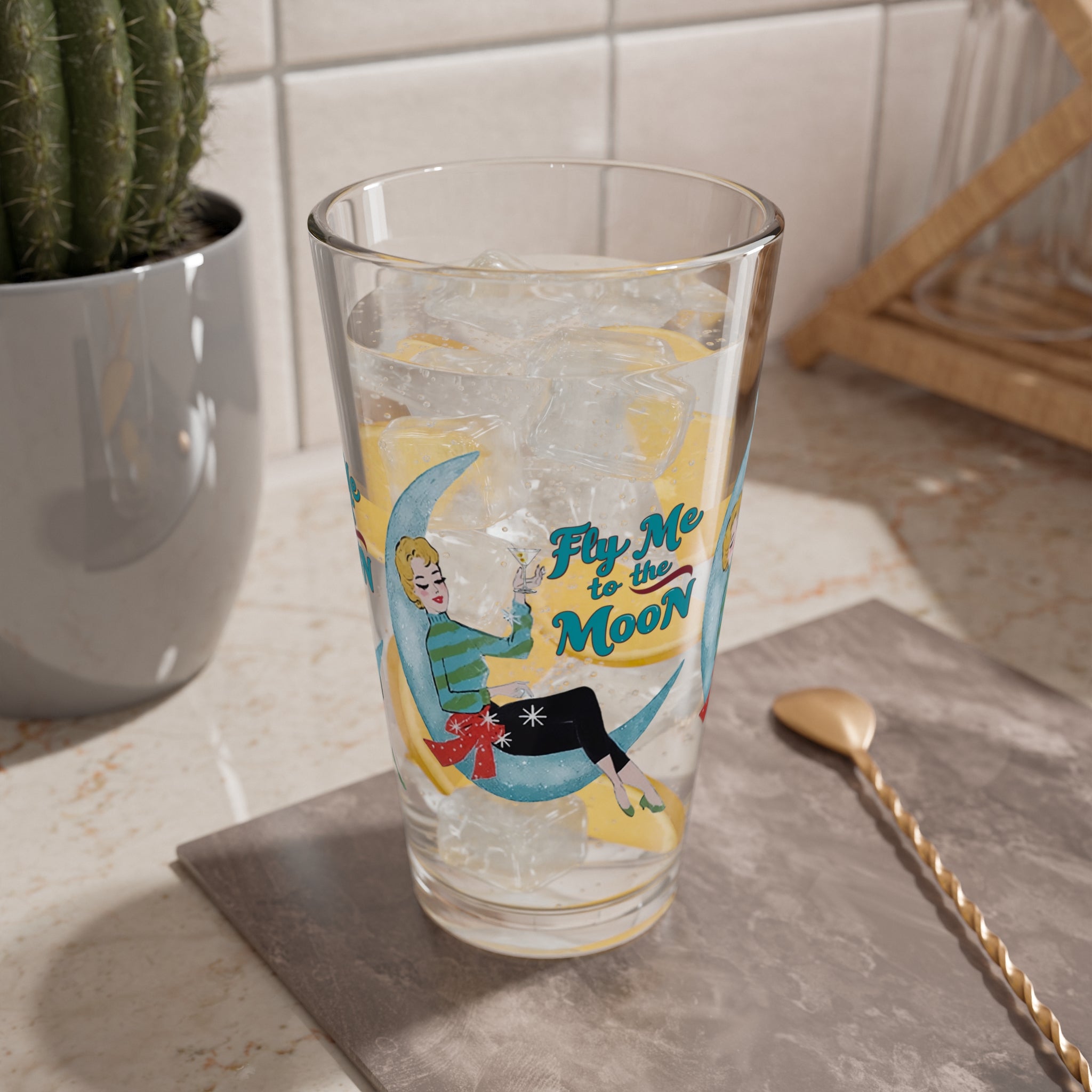 Mid Century Modern Christmas Kitsch Retro Mixing Glass - "Fly Me to the Moon" - 16oz Holiday Cocktail Cup - Mid Century Modern Gal