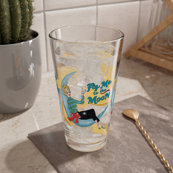 Mid Century Modern Christmas Kitsch Retro Mixing Glass - "Fly Me to the Moon" - 16oz Holiday Cocktail Cup