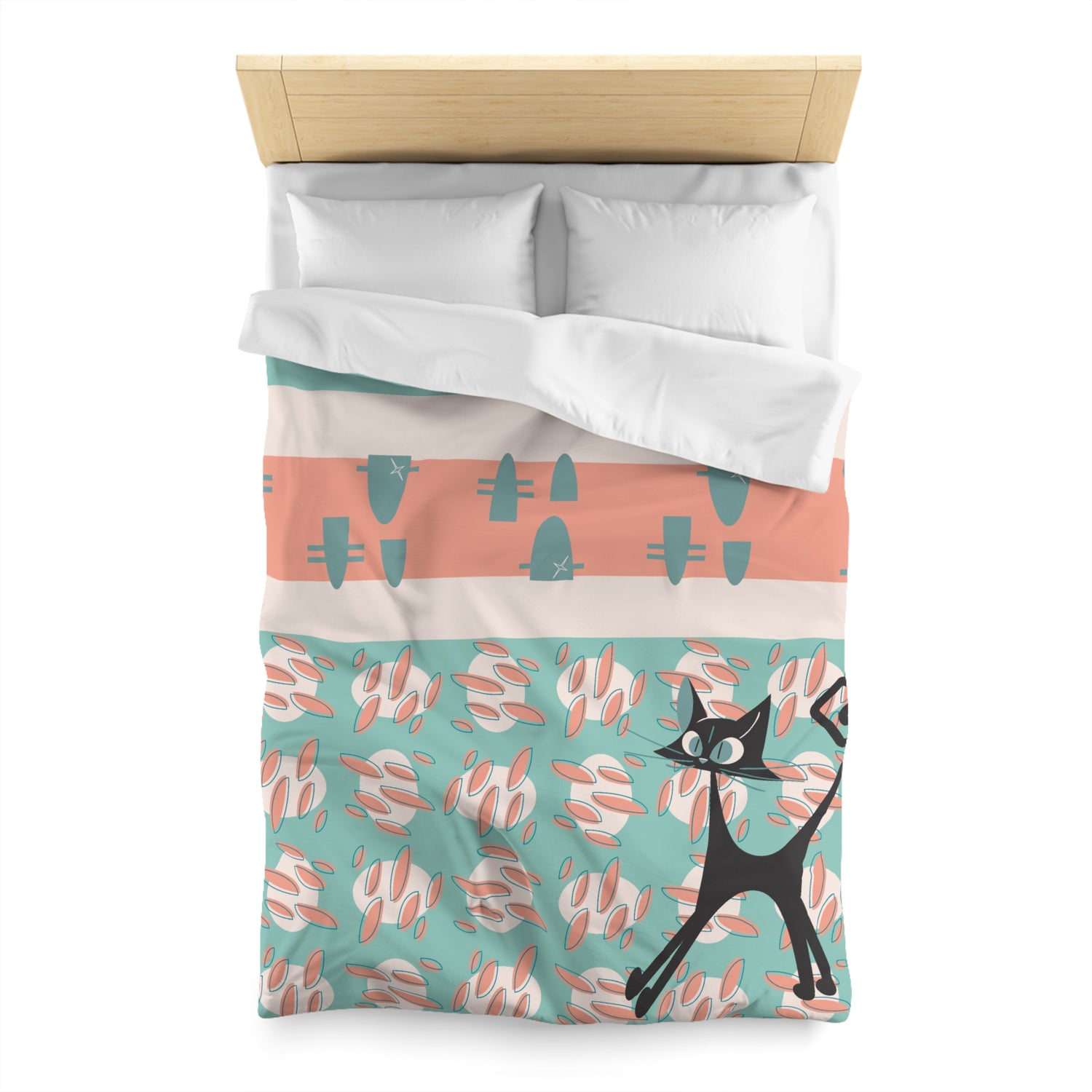 50s Nostalgic Atomic Cat Mid Century Modern Aqua, Coral Pink Peach, Kitschy Mid Century Modern  Duvet Cover - Mid Century Modern Gal