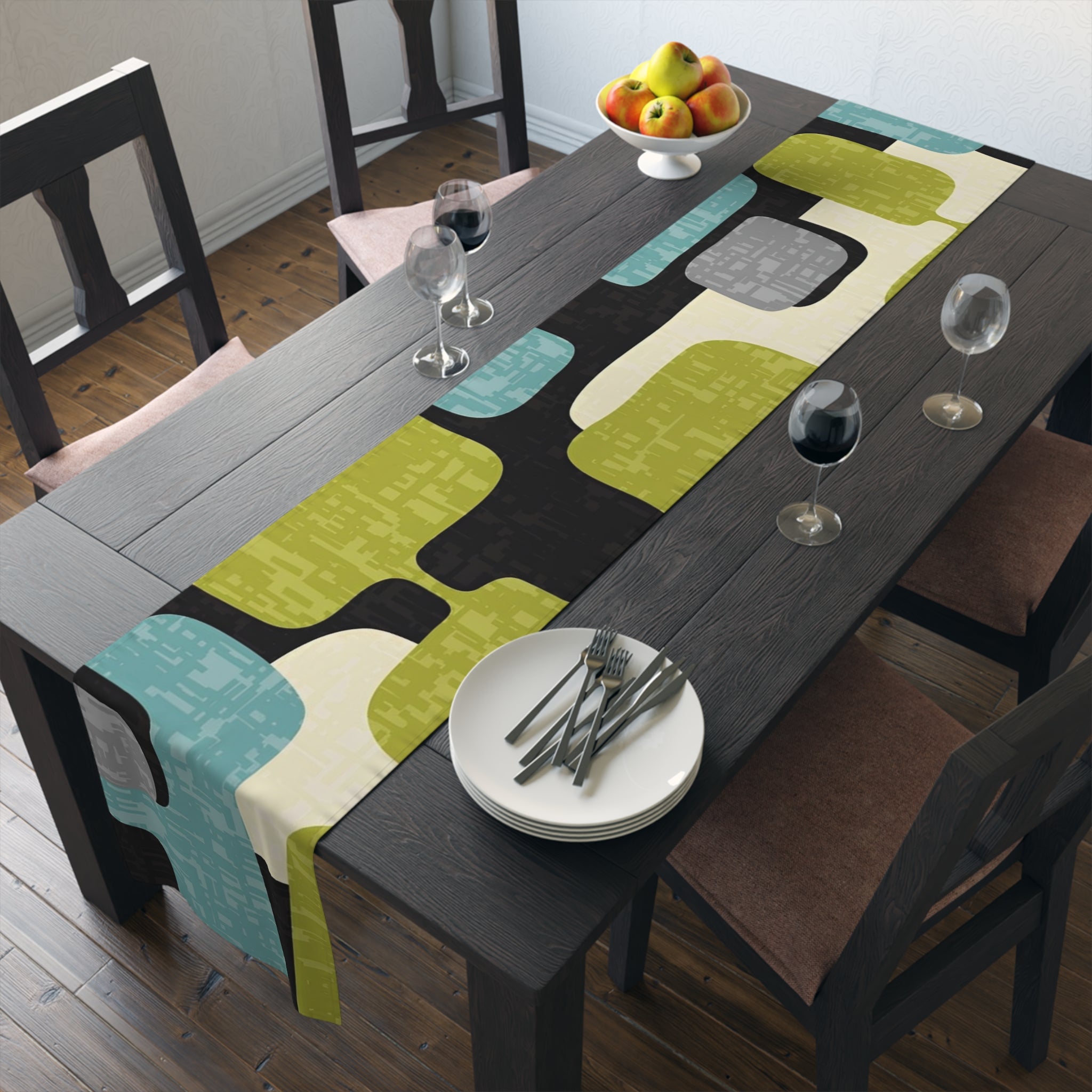Mid Century Modern Table Runner, Geo Pattern, Black, Gray, Green Aqua Mod Table Setting - Mid Century Modern Gal