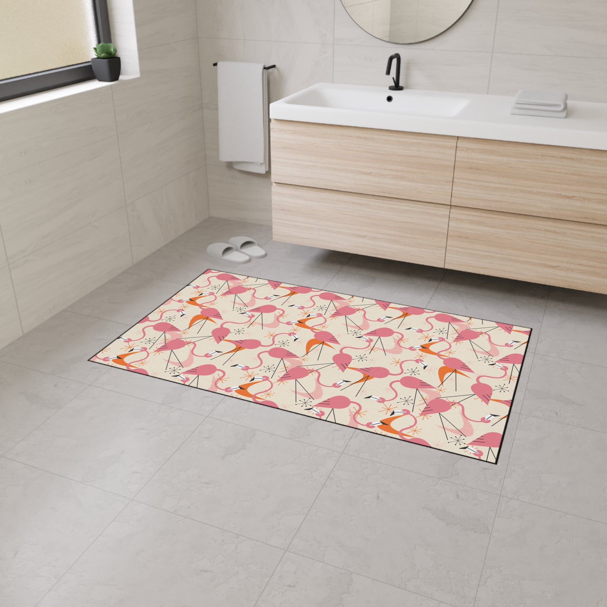 Mid Century Modern Dancing Kitschy Quirky Flamingos Print Heavy Duty Floor Mat - Vibrant Indoor/Outdoor Rug for Home Décor - Mid Century Modern Gal