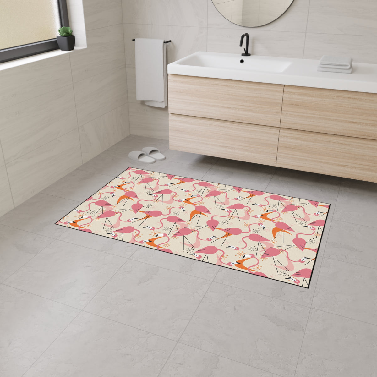 Mid Century Modern Dancing Kitschy Quirky Flamingos Print Heavy Duty Floor Mat - Vibrant Indoor/Outdoor Rug for Home Décor - Mid Century Modern Gal