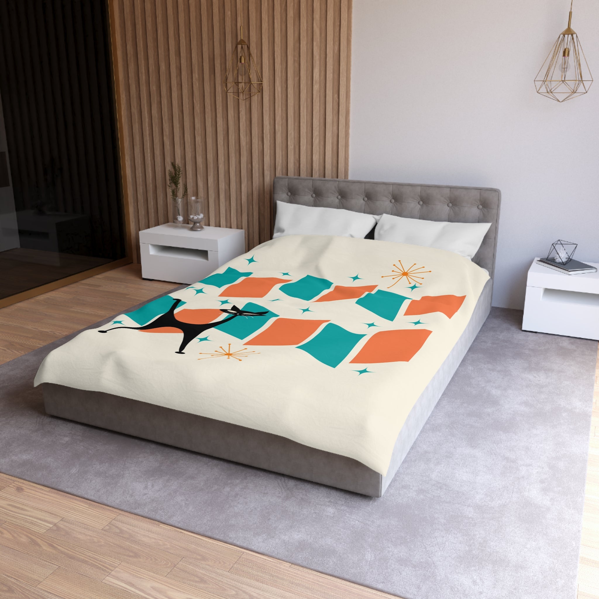 Mid Century Modern Orange, Teal, Retro Mod Duvet Cover With Atomic Cat Design - Mid Century Modern Gal
