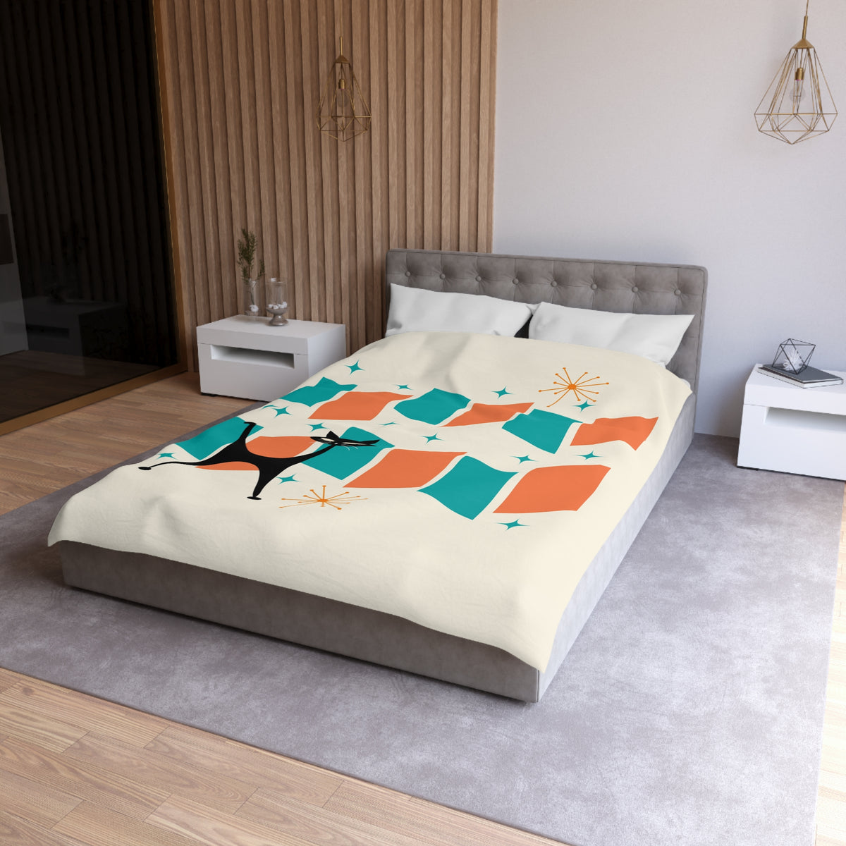 Mid Century Modern Orange, Teal, Retro Mod Duvet Cover With Atomic Cat Design - Mid Century Modern Gal