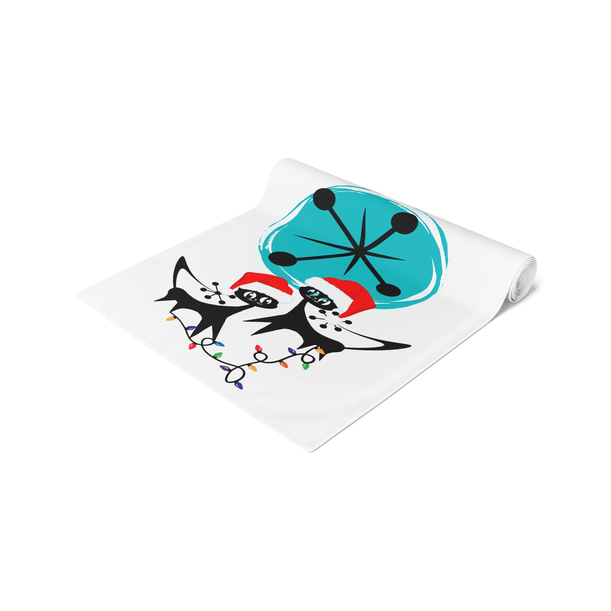 Atomic Cat Retro Christmas Mid Century Modern White MCM Designs Table Runner - Mid Century Modern Gal