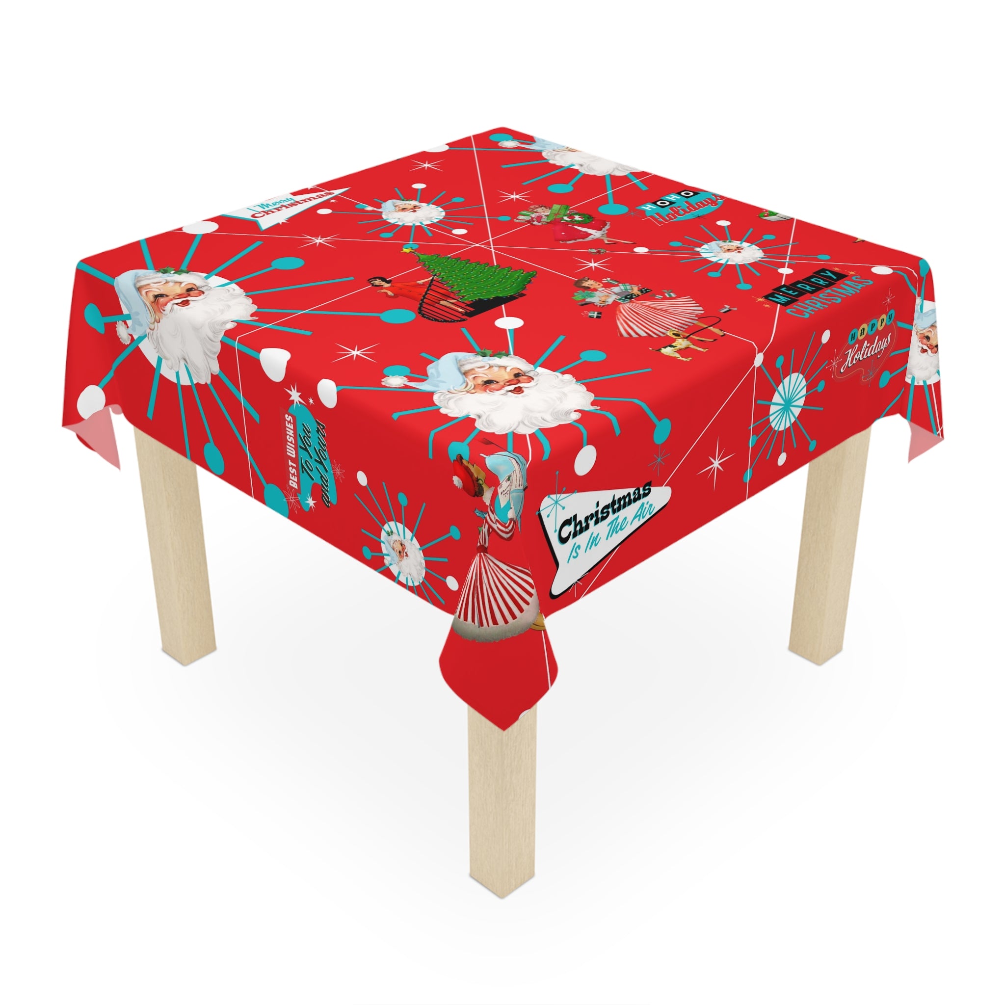 Mid Century Modern Christmas Vintage Red HolidayTablecloth - Festive Holiday Decor with Santa & Cheerful Designs - Mid Century Modern Gal
