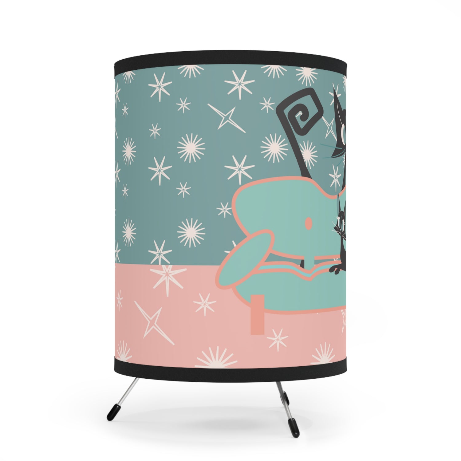 Atomic Cat Tripod Lamp, Pink, Aqua Starbursts, Mid Century Modern Kitschy Cats, Fun Side Table Lamp - Mid Century Modern Gal