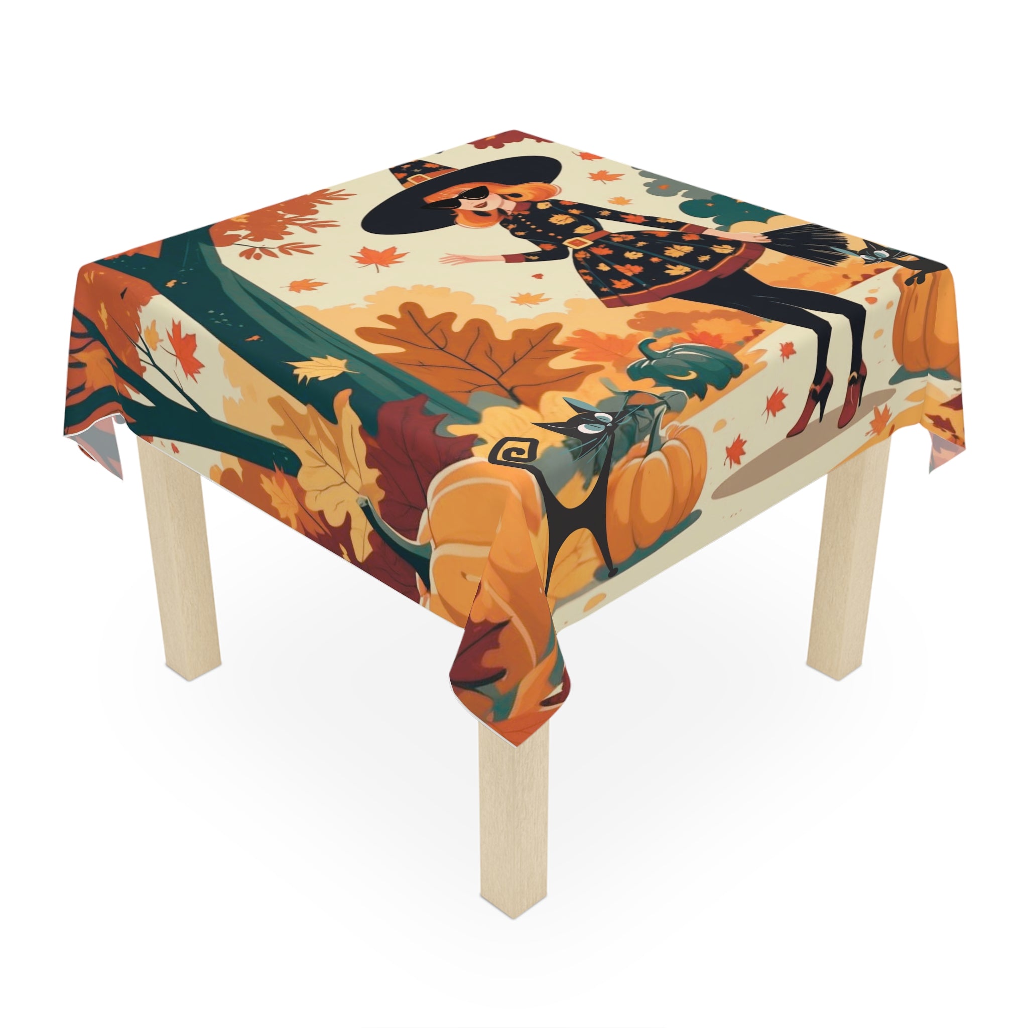 Mid Century Modern Fall Halloween Kitschy Witch Atomic Cat Tablecloth - Mid Century Modern Gal