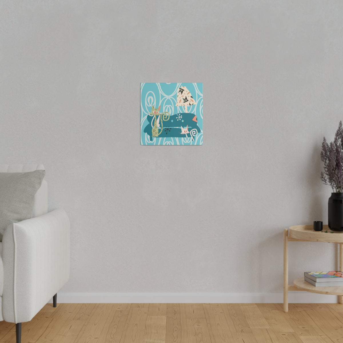 Atomic Cat Art, Quirky Kitschy Blue, Green, Teal Mid Century Modern Wall Art - Mid Century Modern Gal