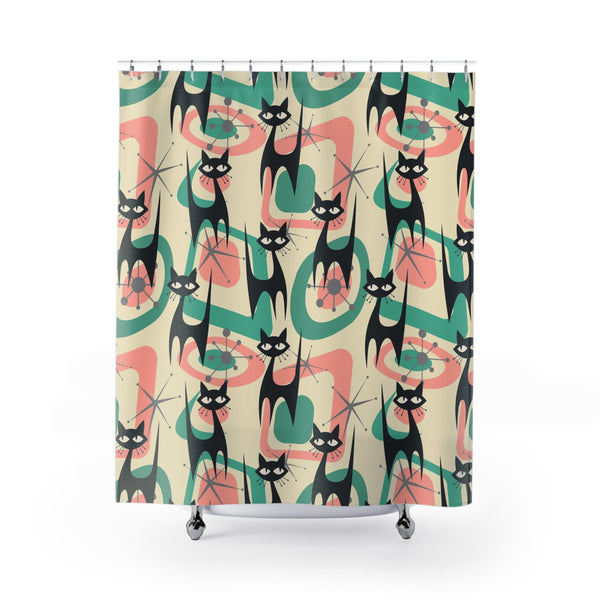 Atomic Kittie Cat, Mid Century Modern Mint Green Coral Pink Shower Curtain
