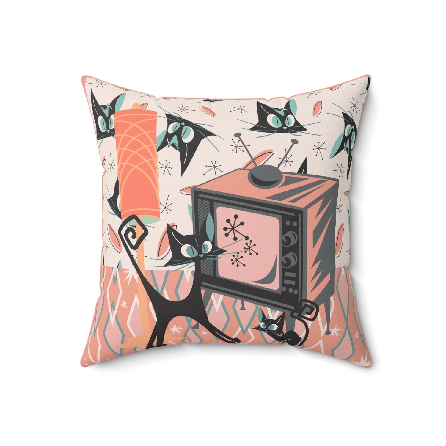 Atomic Cat Pillow, Retro TV, Kitschy Fun, Whimsical Quirky 50s Mid Century Modern Pillow And Insert, Coral Pink, Teal, Creamy Beige - Mid Century Modern Gal