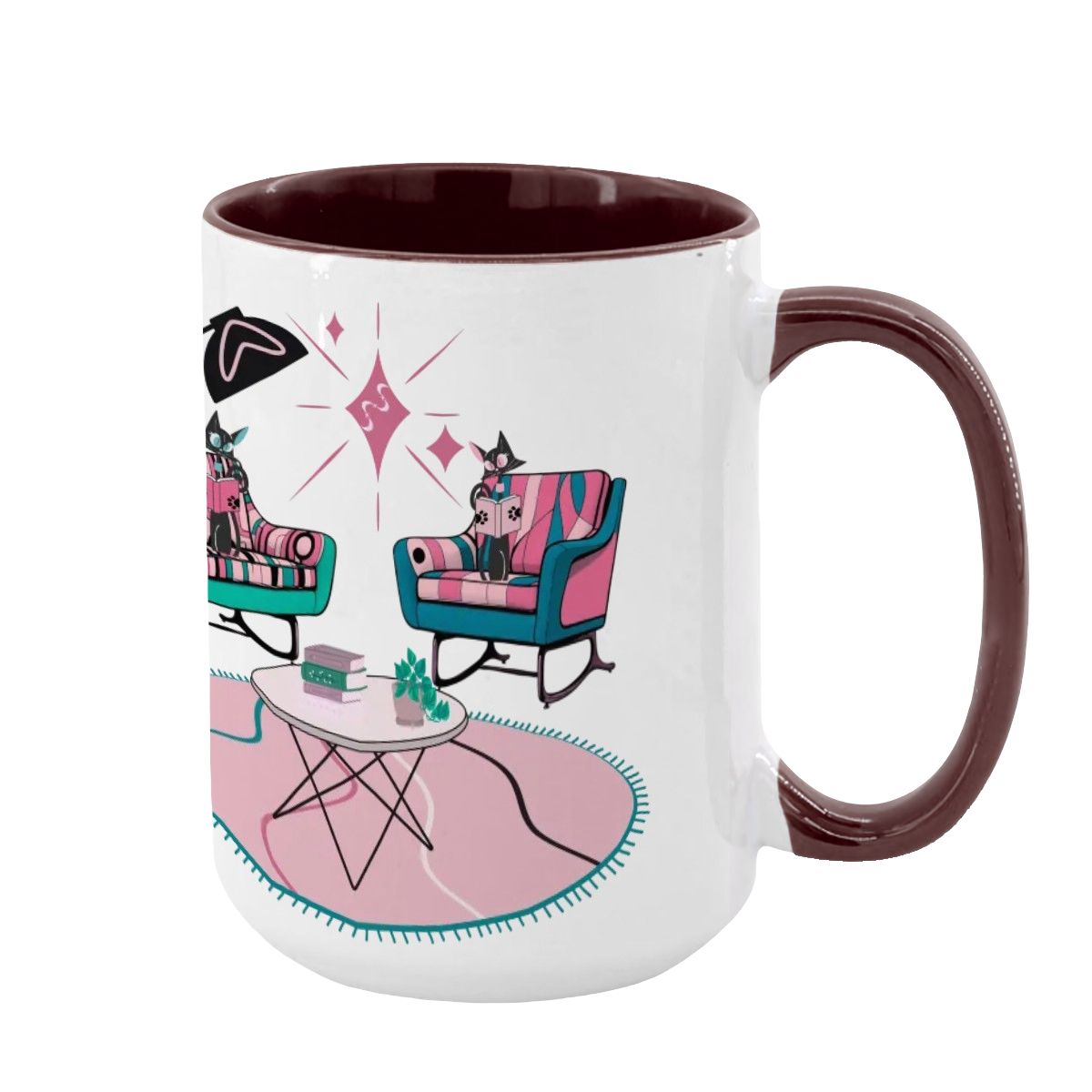 Atomic Reading Cats, Kitschy Mid Century Modern Large Colorful Mug (15oz) - Mid Century Modern Gal