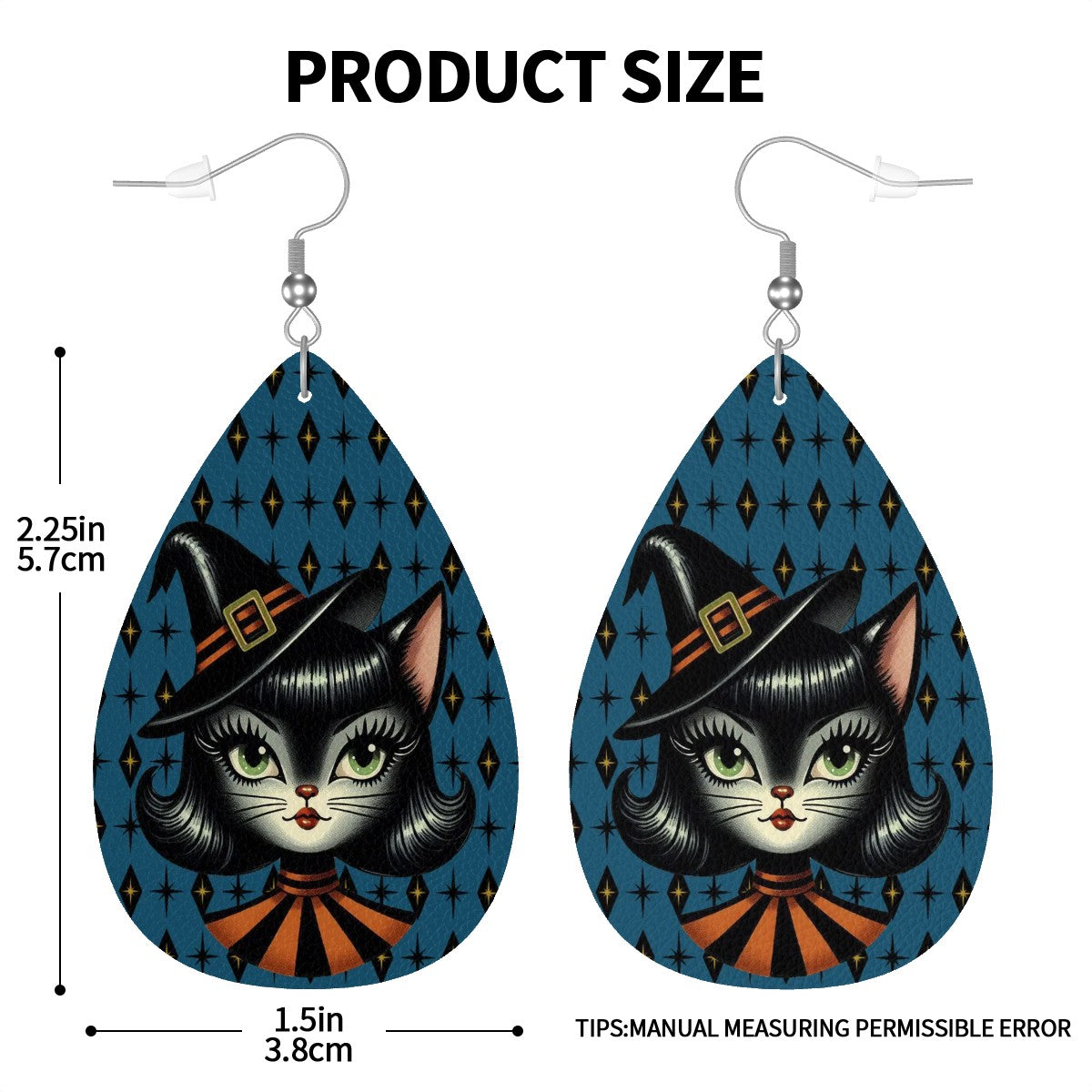Vintage Halloween Black Cat Sexy Sexton Mid Century Modern Blue Vegan Leather Teardrop Earrings - Mid Century Modern Gal