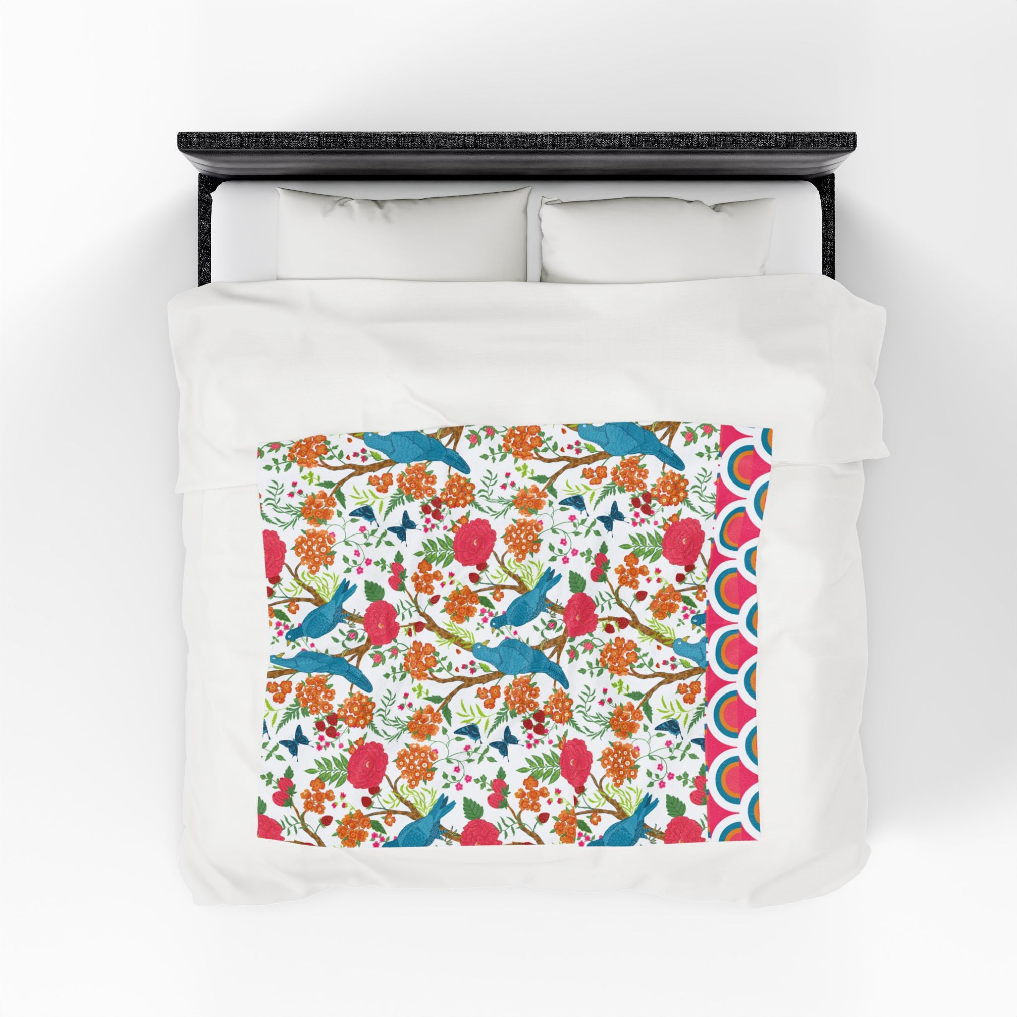 Chinoiserie Throw Blanket, Blue Pink, Birds Tropical Floral Velveteen Plush Blanket - Cozy Decor for Home - Mid Century Modern Gal