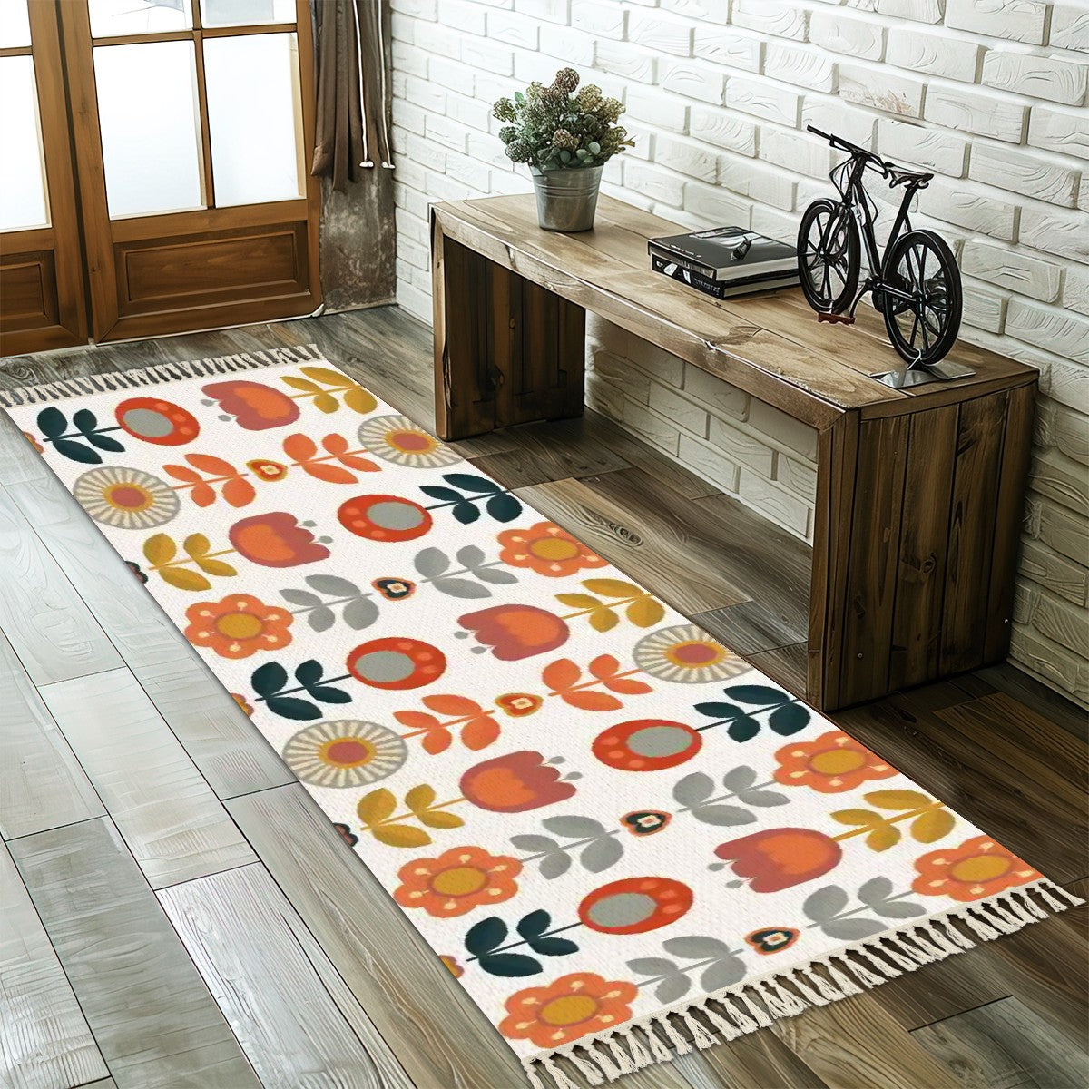 Retro Scandinavian Mod Flower Pop Of Color, Boho Runner Rug with Tassels - Mid Century Modern Gal