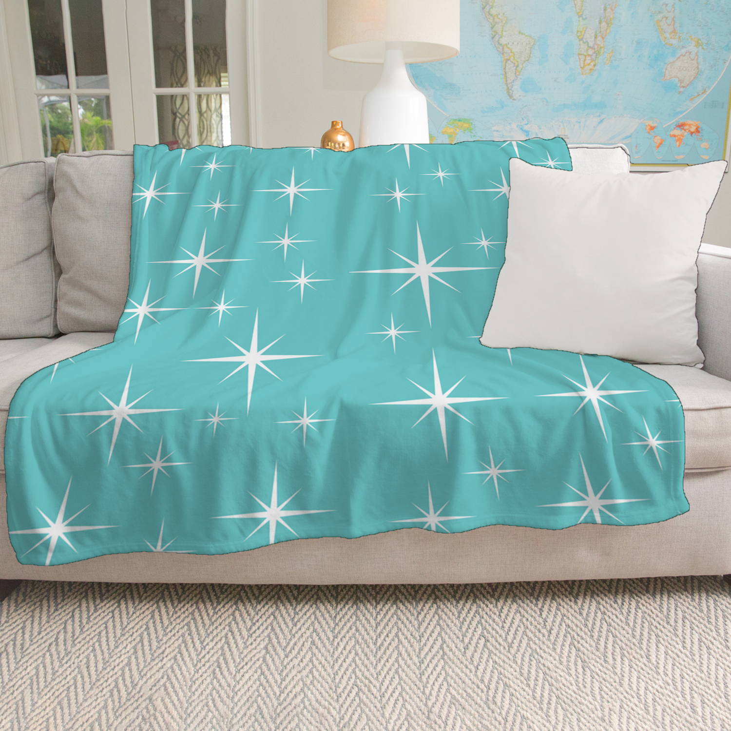Atomic 50s Aqua Blue Starburst, Mid Century Modern Minky Blanket - Mid Century Modern Gal