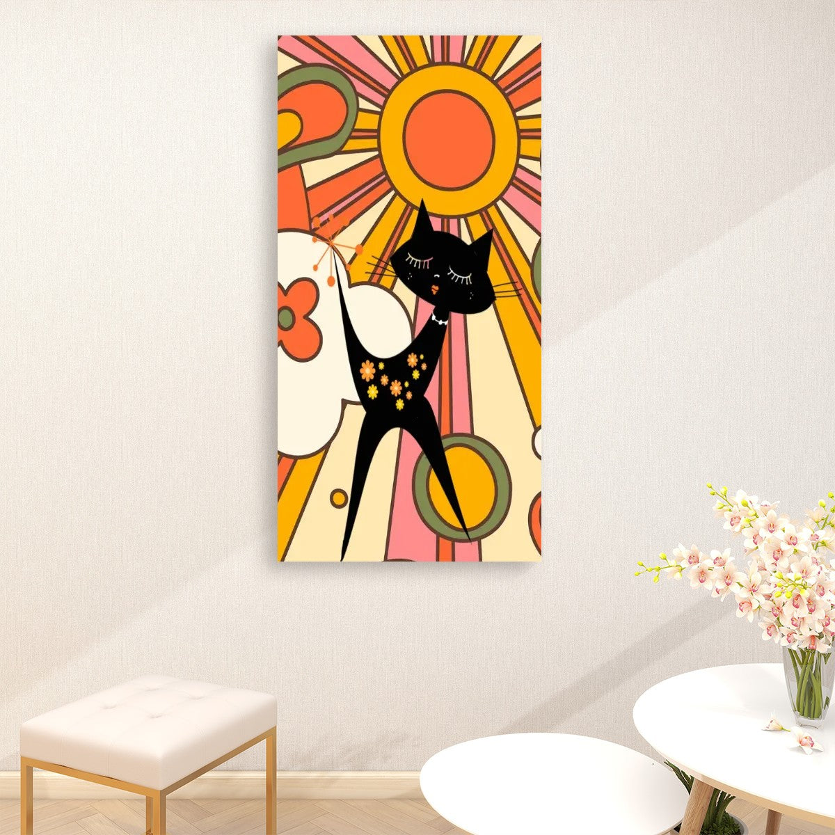 Retro Ray Of Sunshine Groovy 70s, Atomic Cat, Mid Century Modern Large Canvas Print - Mid Century Modern Gal