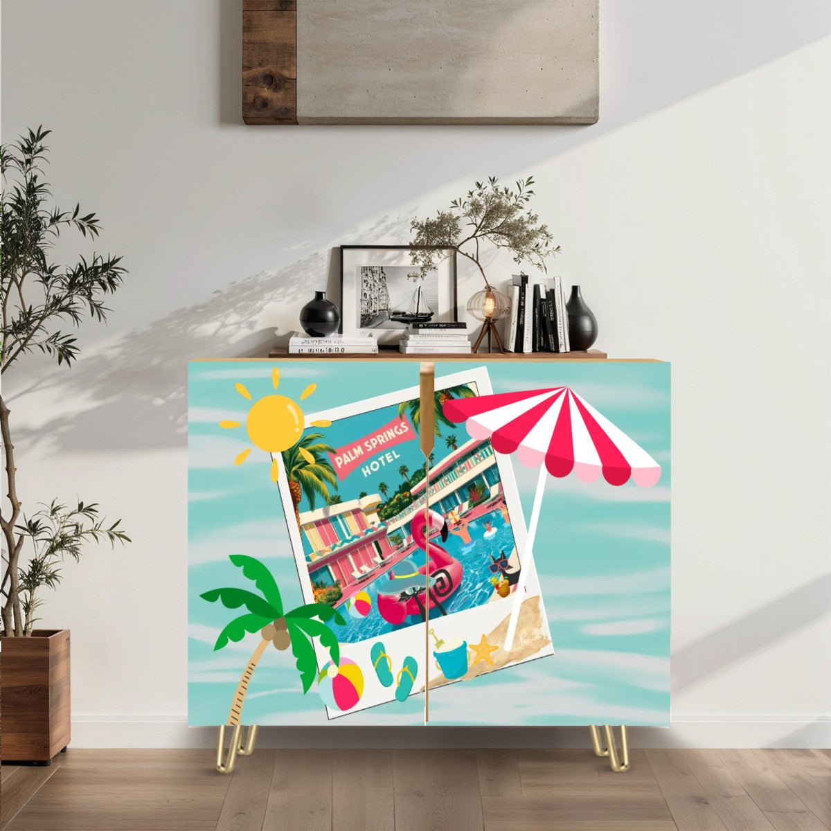 Hotel California 50s Palm Springs California Kitschy Flamingo, Atomic Cats Mid Century Modern Wooden Storage Cabinet - Mid Century Modern Gal