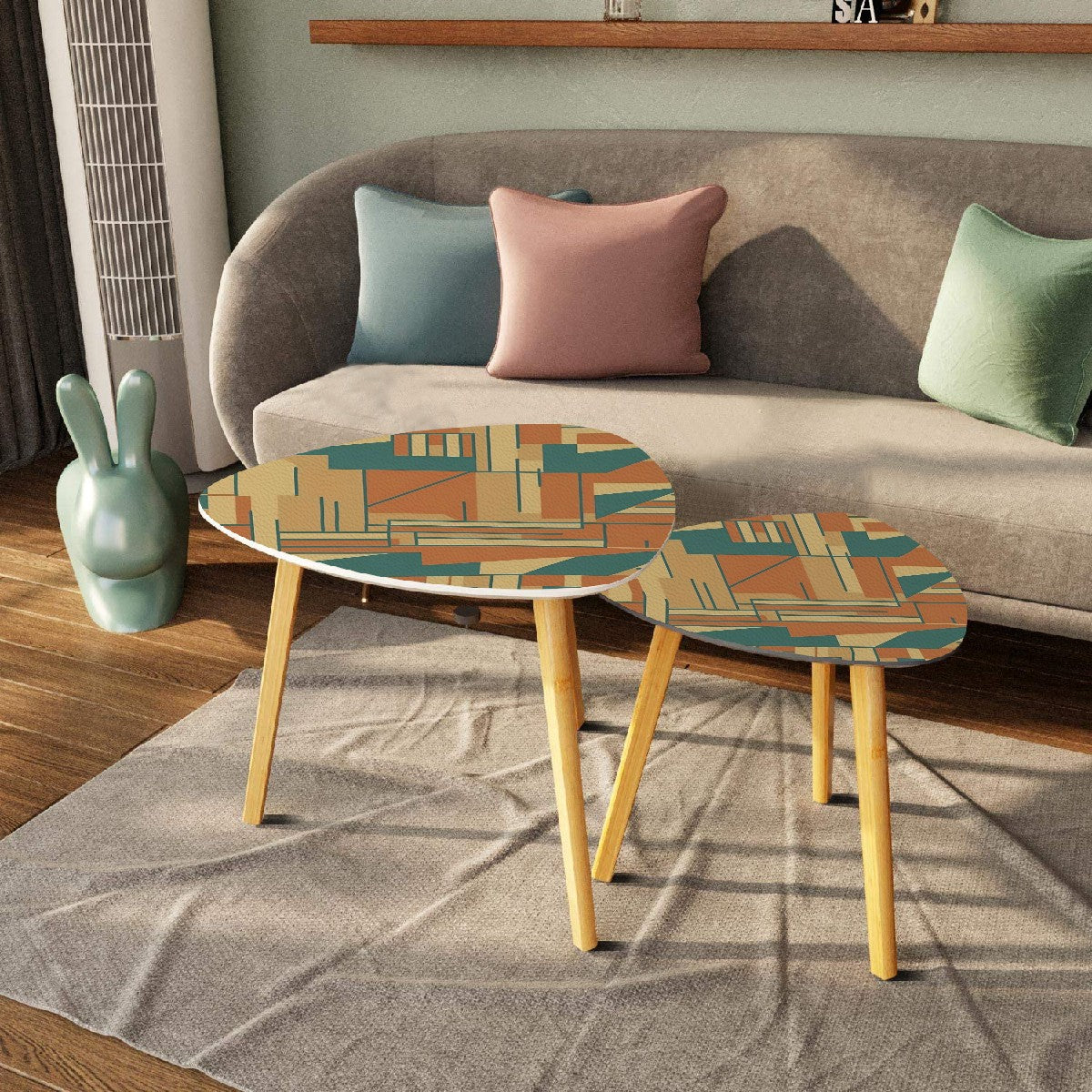 Mid Century Modern Geometric Bauhaus Designed Brown Teal Mod Cocktail Side Tables - Mid Century Modern Gal
