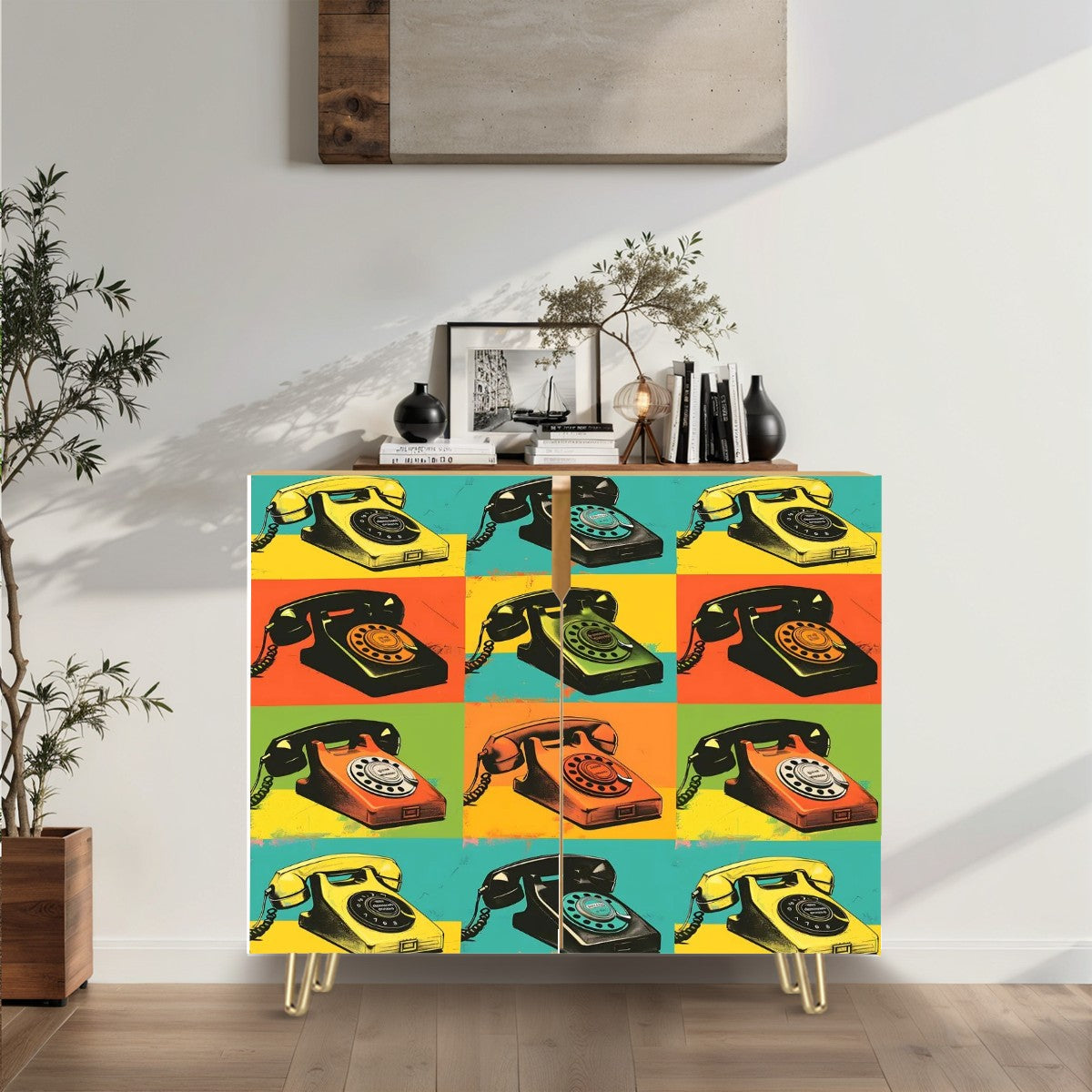 Mid Century Modern Kitschy Retro Telephone Art MCM Wooden Storage Cabinet - Mid Century Modern Gal