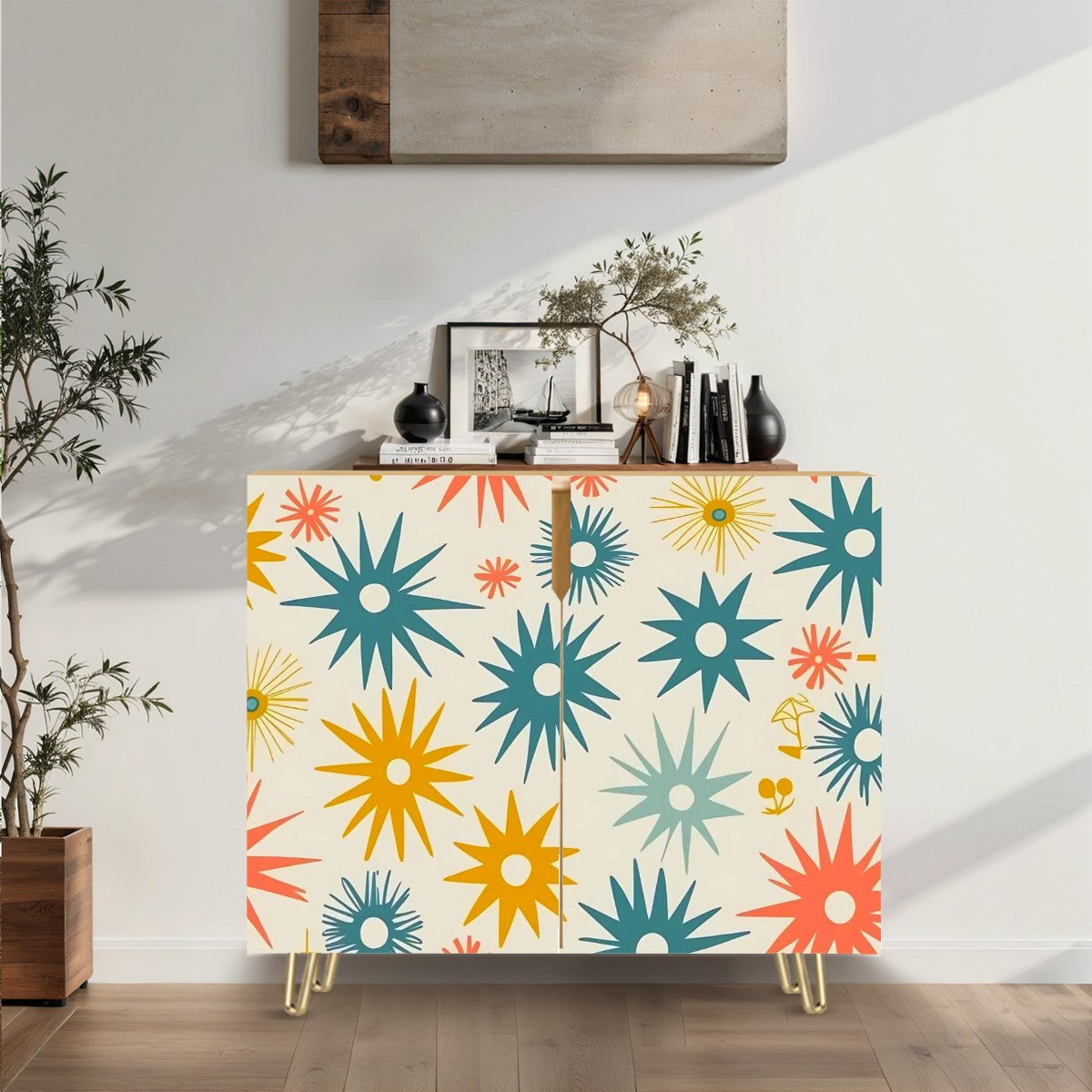 Mid Century Modern Wooden Storage Cabinet, Atomic Starbursts, Mod Credenza Sideboard - Mid Century Modern Gal