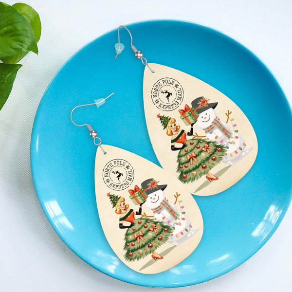 Mid Century Modern Christmas Tree Mod Gal North Pole Express Kitschy Faux Leather Teardrop Earrings