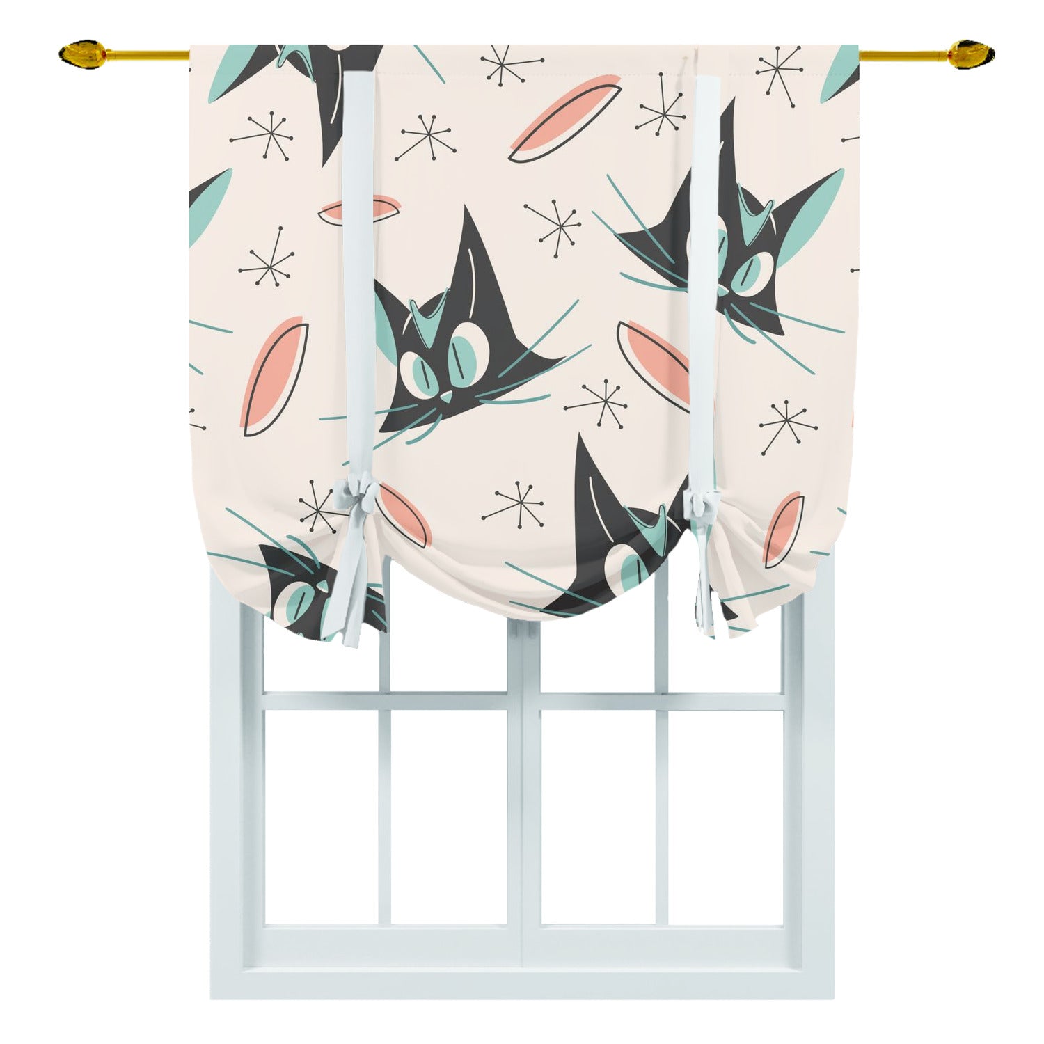 Atomic Kitty Cat Kitchen Valance Tie Up Curtain - Mid Century Modern Gal