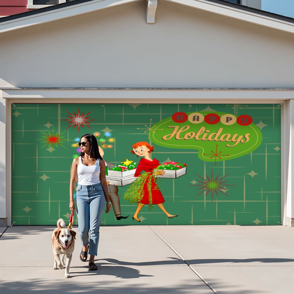 Mid Century Modern Happy Holidays Vintage Christmas Tree Garage Door Banner Backdrop - Mid Century Modern Gal