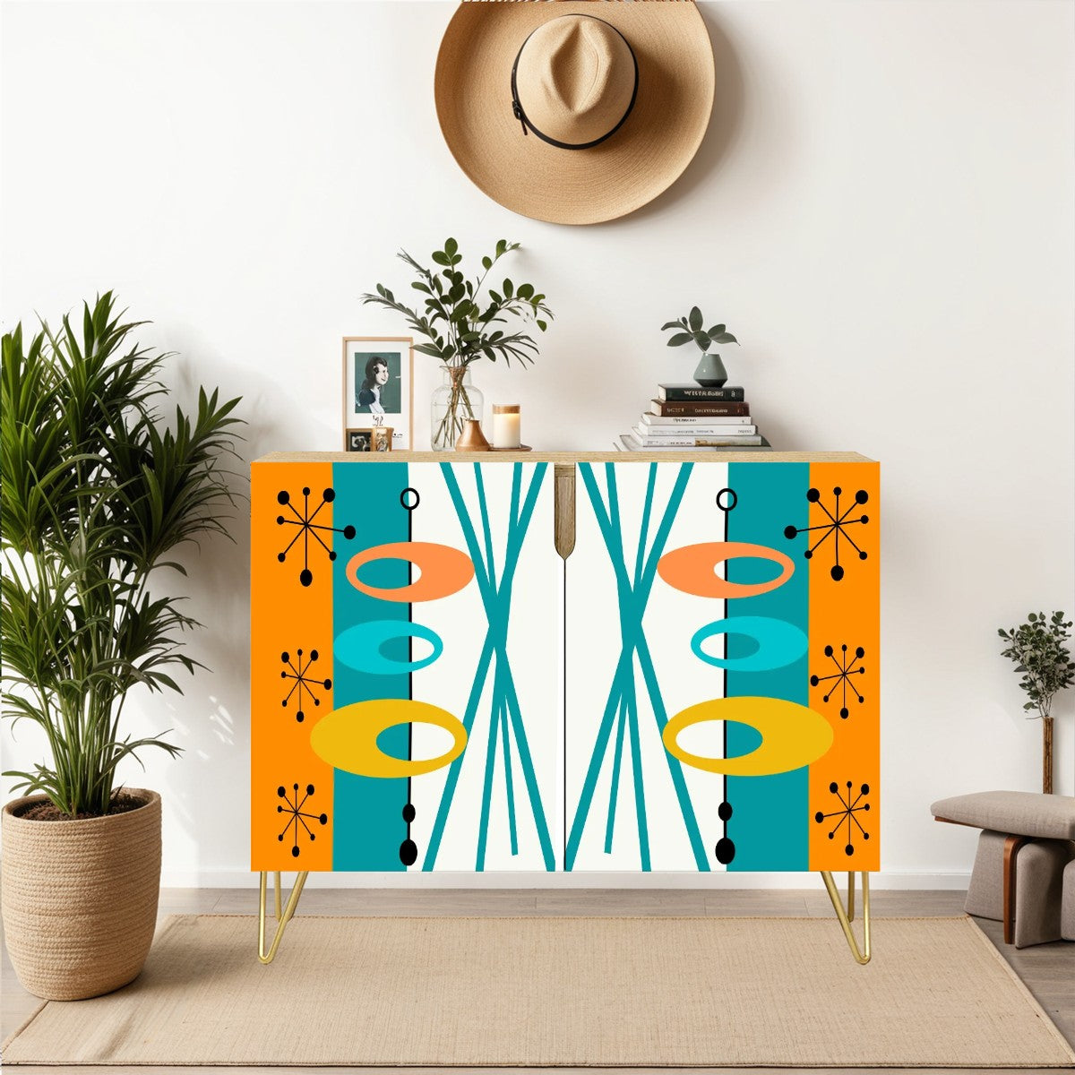 Atomic 50s Orange, Teal Mid Century Modern Wooden Storage Cabinet - Mid Century Modern Gal