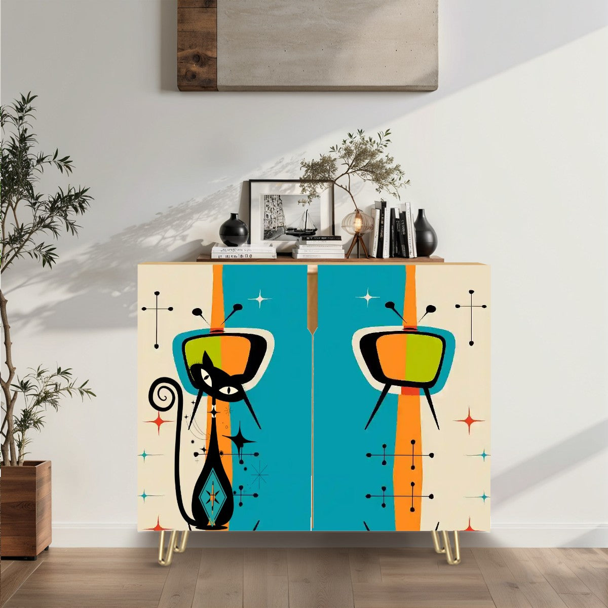 Mid Century Modern Atomic Cat, Retro TV Wooden Storage Cabinet - Mid Century Modern Gal