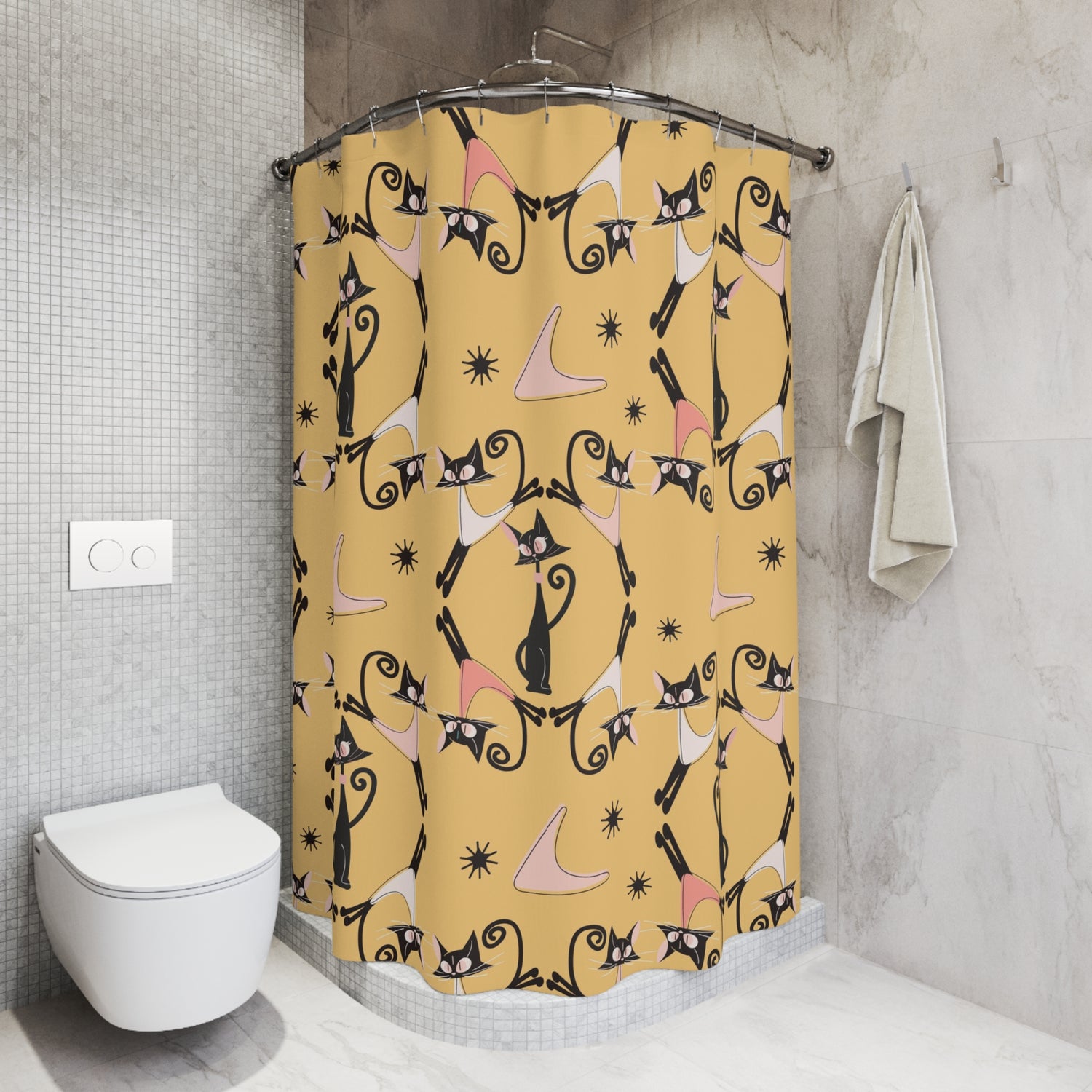 Atomic Cat Shower Curtain, Cat Mom Gifts, Black Cat Lover, Mid Century Modern Atomic Boomerangs, Mustard Yellow, MCM Bath Decor - Mid Century Modern Gal