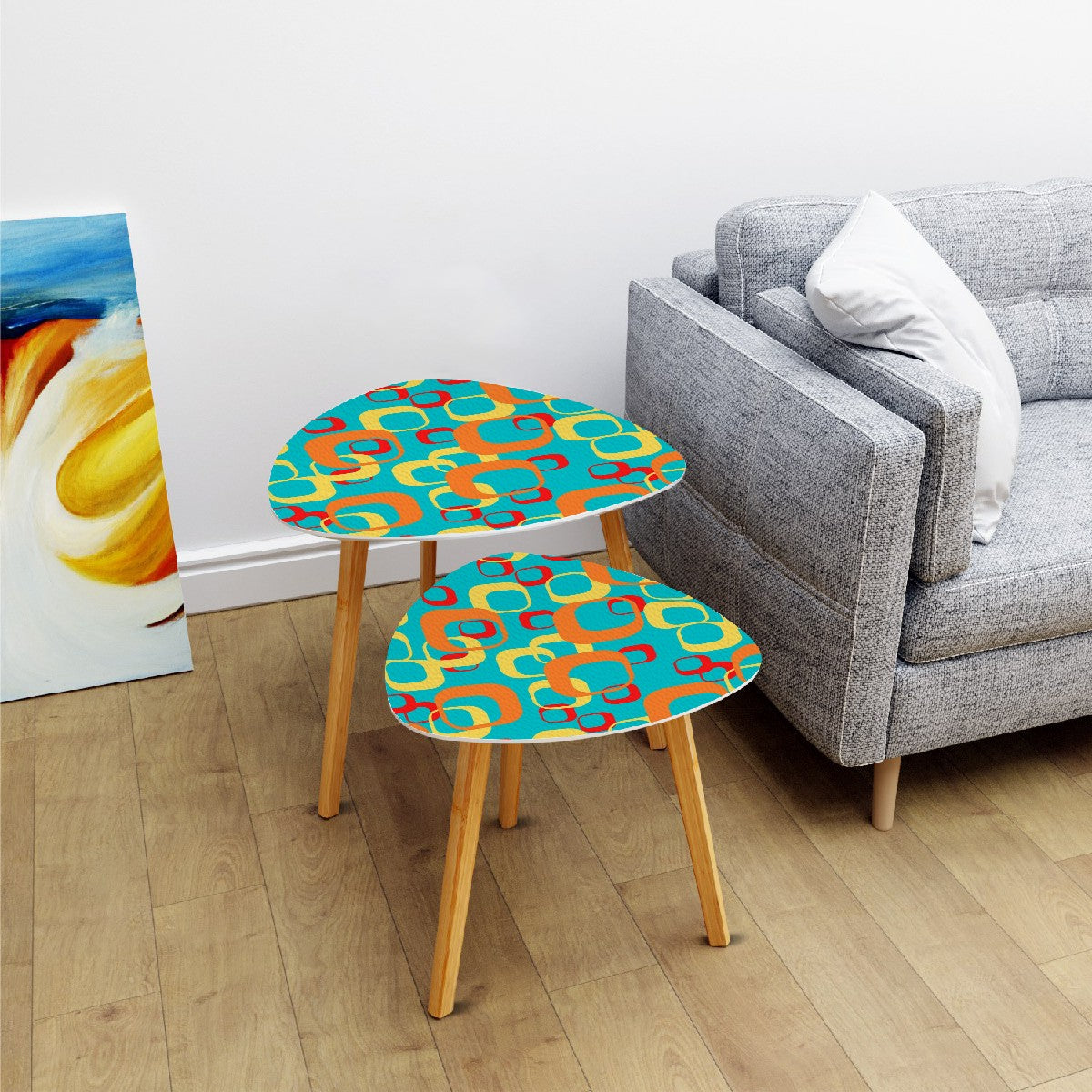 Mid Century Modern Designed Nesting Tables, Geometric Teal, Orange Yellow Mod Tables - Mid Century Modern Gal