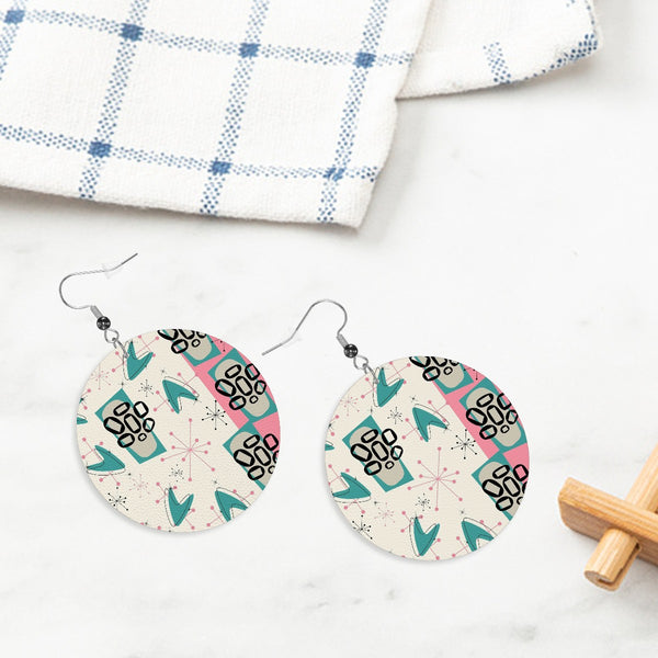 Mid Century Modern Atomic Boomerang Round Vegan Leather Earrings